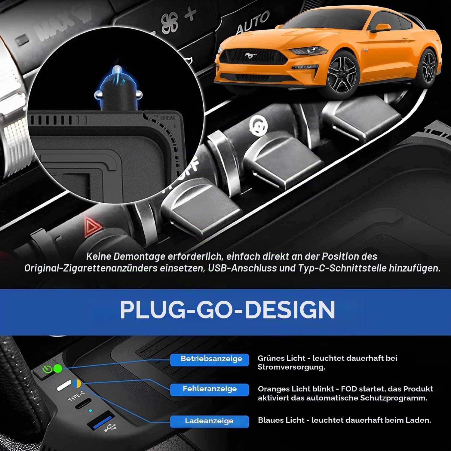 Kabelloses Ladegerät Auto für Ford Mustang Coupe Convertible GT Shelby 2015-2023, 15W Wireless Schnellladendes Handy-Ladegerät mit QC3.0-USB-Anschluss für iPhone 12/13/13Pro Samsung S22/S21