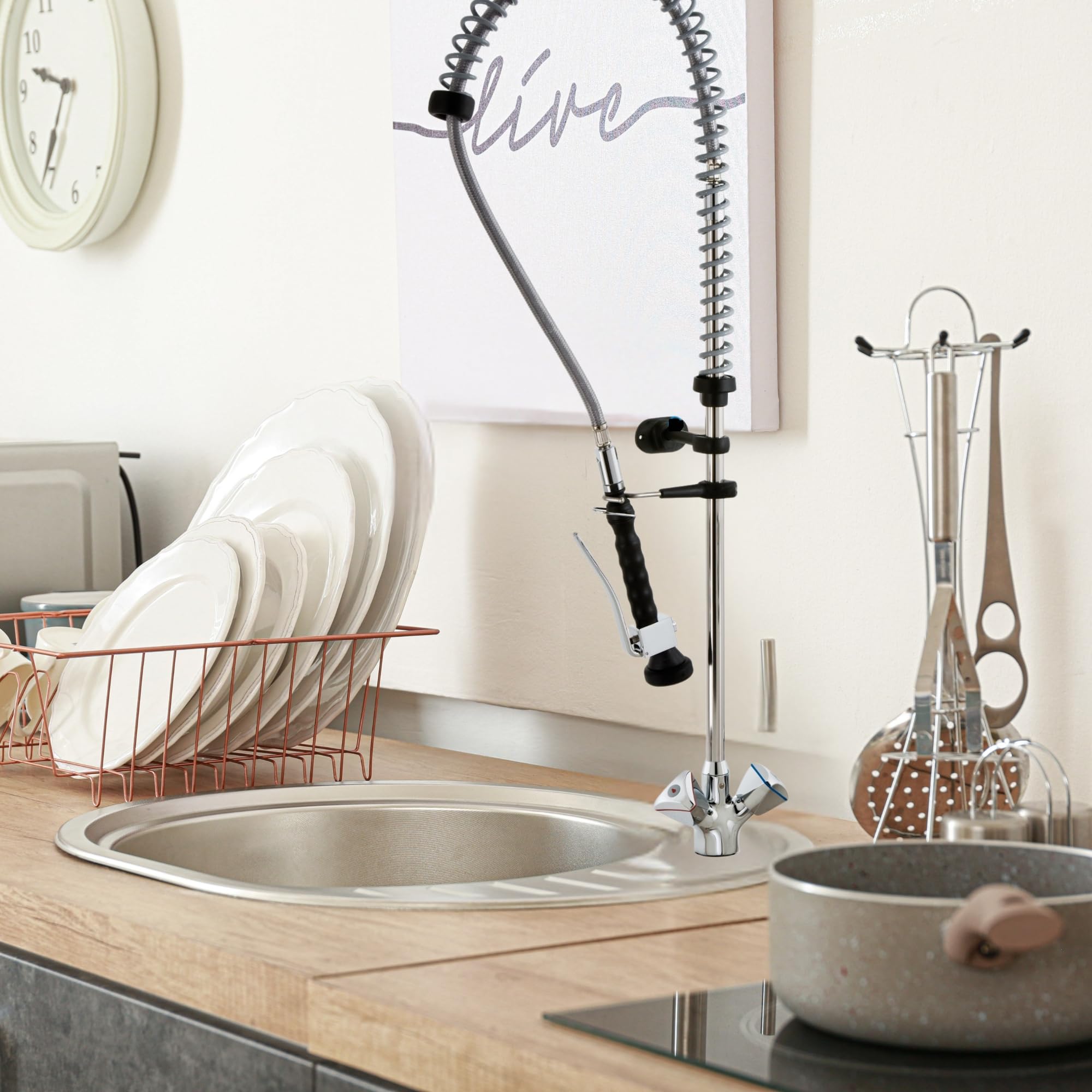 Geschirrwaschbrause für Gastro Küchen - 120 cm Höhe - AISI 304 Edelstahllegierung - Lochbohrung 29mm - biegsamer Wasserhahn Armaturen Gastronomie Wand Armatur