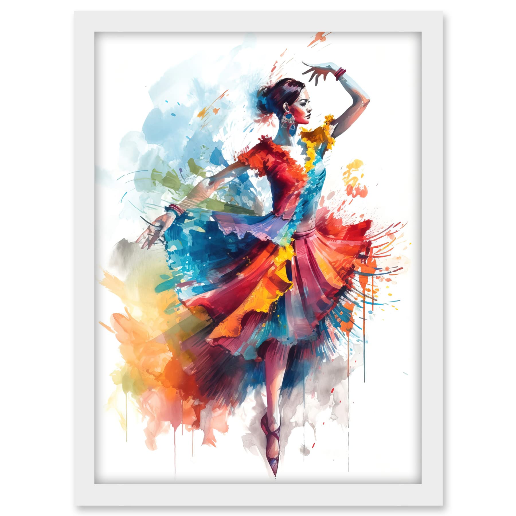 Artery8 Flamenco Dancer in Motion Rainbow Colour Dress Dance Modern Watercolour Painting Artwork Framed A3 Wall Art Print