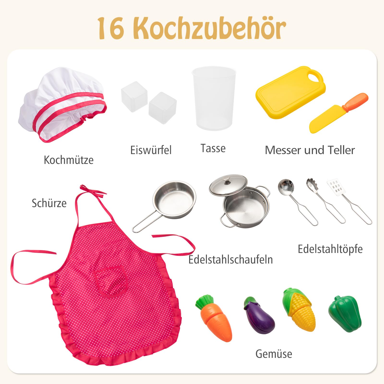 DREAMADE Höhenverstellbare Kinderküche mit Licht und Sound, Spielküche aus Holz mit Zubehör, Kinderspielküche mit Spüle Herd Backofen, Holzküche Spielzeugküche für Kinder ab 3 Jahren (Groß-Natur+Weiß)