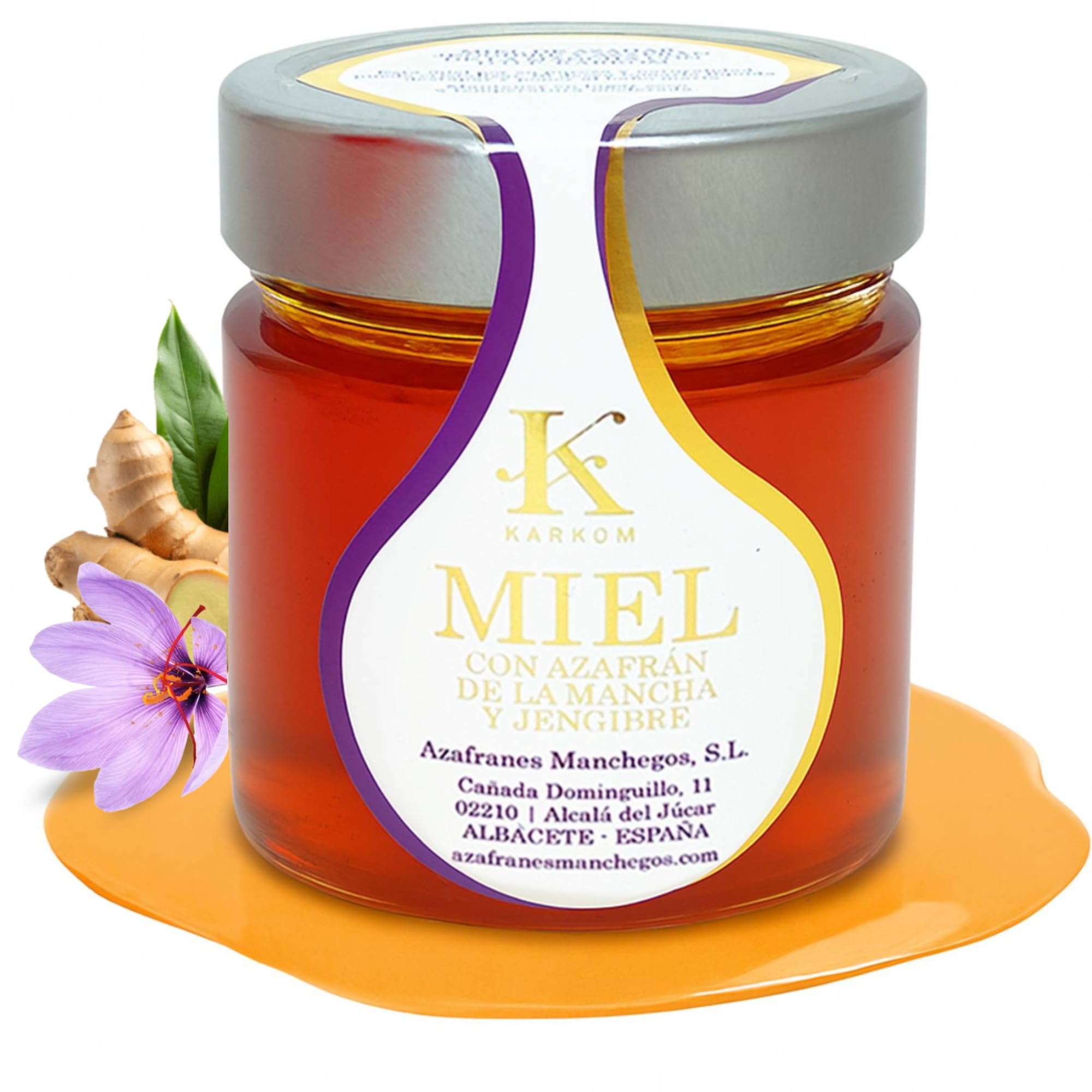 Miel Cruda de Azahar con Jengibre Ecológico y Azafrán DOP La Mancha 250gr | Miel Pura de Abeja 100% Natural Sin Filtrar ni Pasteurizar, Hecho en España, Honey Saludable con Propiedades Digestivas