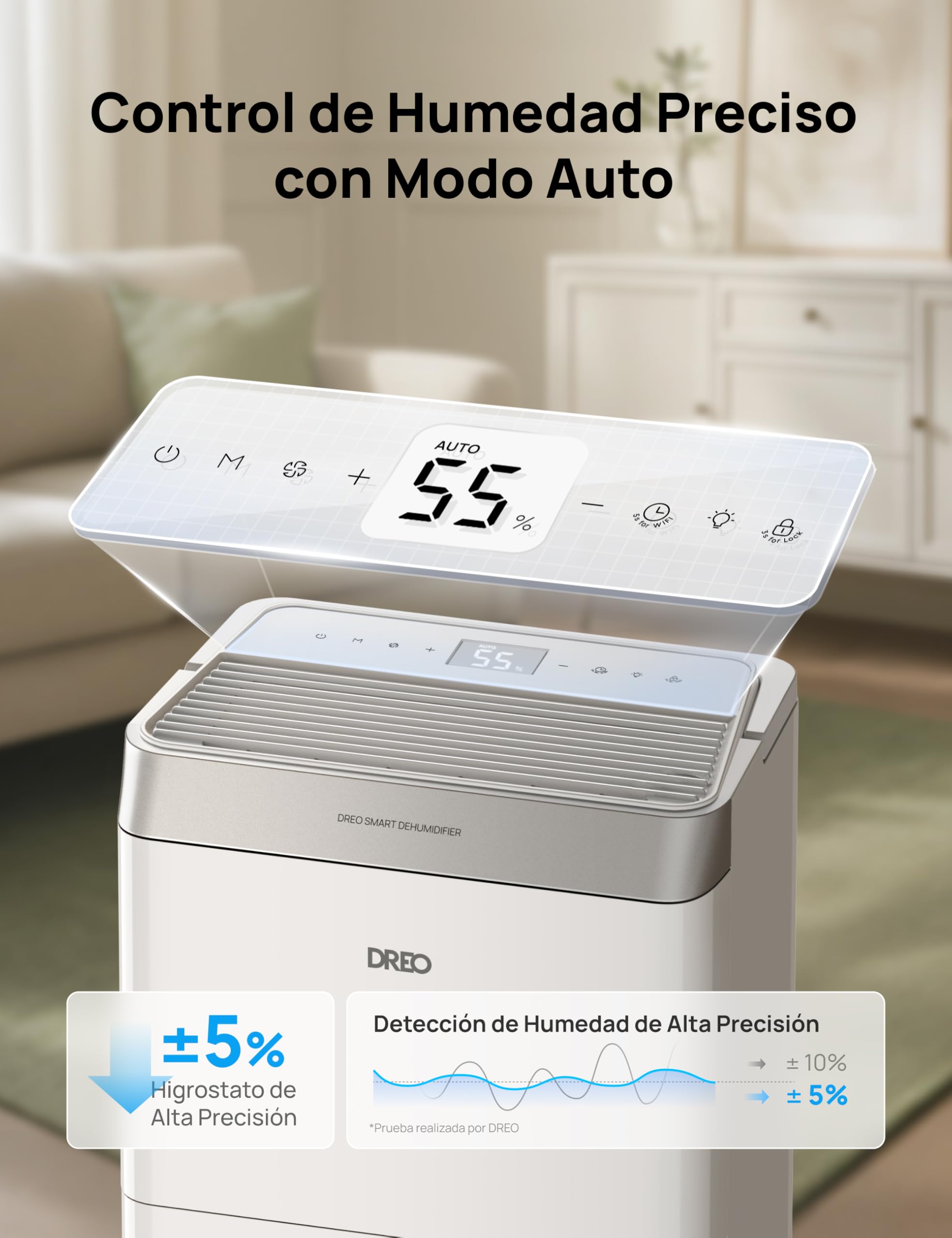DREO Deshumidificador Inteligente 20 L/24 h, para estancias de hasta 37 m² – eficiente y silencioso – App & Alexa, 3 modos, temporizador, humedad ajustable, tubo de desagüe, dormitorio & baño