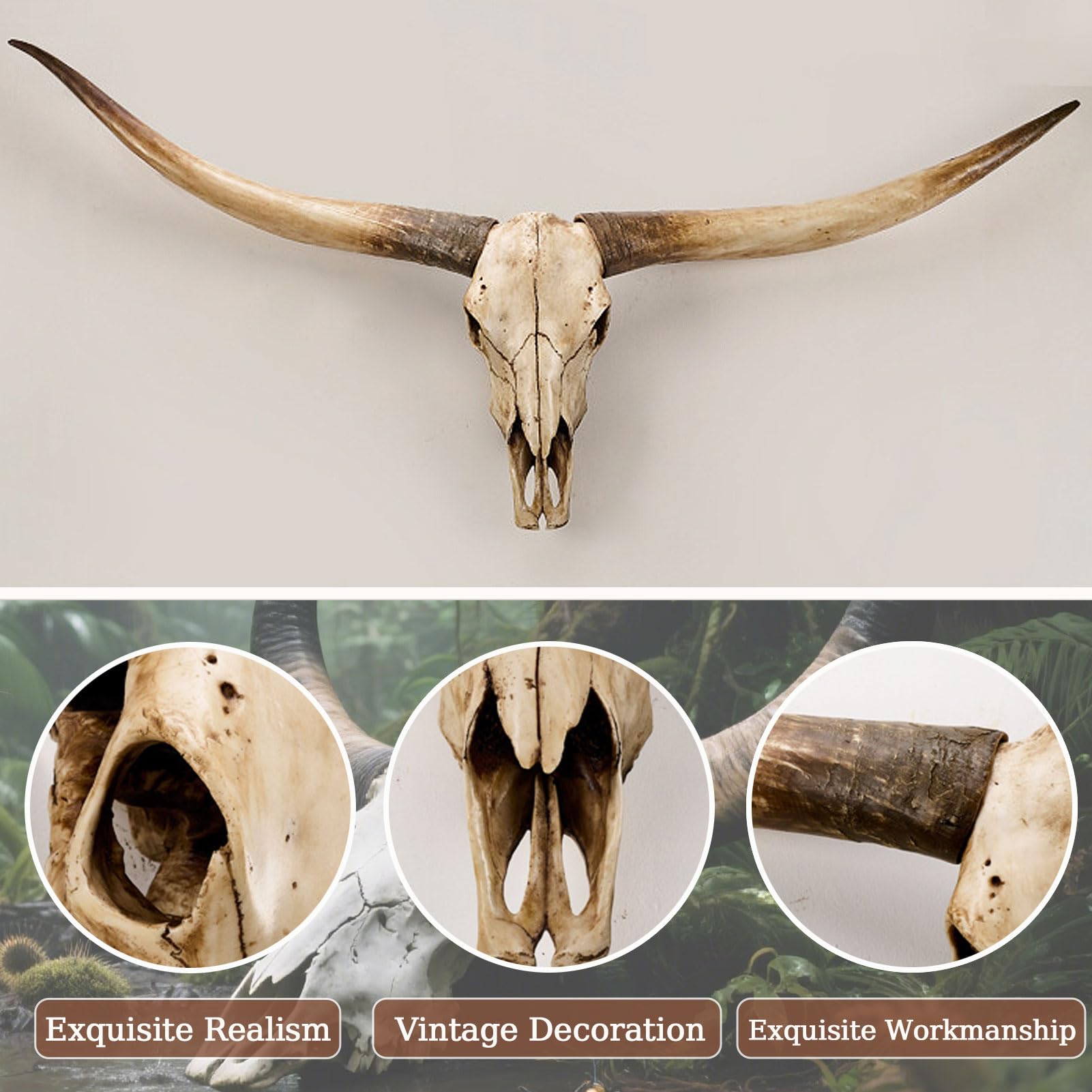 Sculptures Murales Longhorn de 178cm, Décoration Murale Faux Crâne de Longhorn, Décoration Murale Crâne de Taureau, Longhorn & Steer Skull Hornspour Le Style Rustique Farmhouse,Marron
