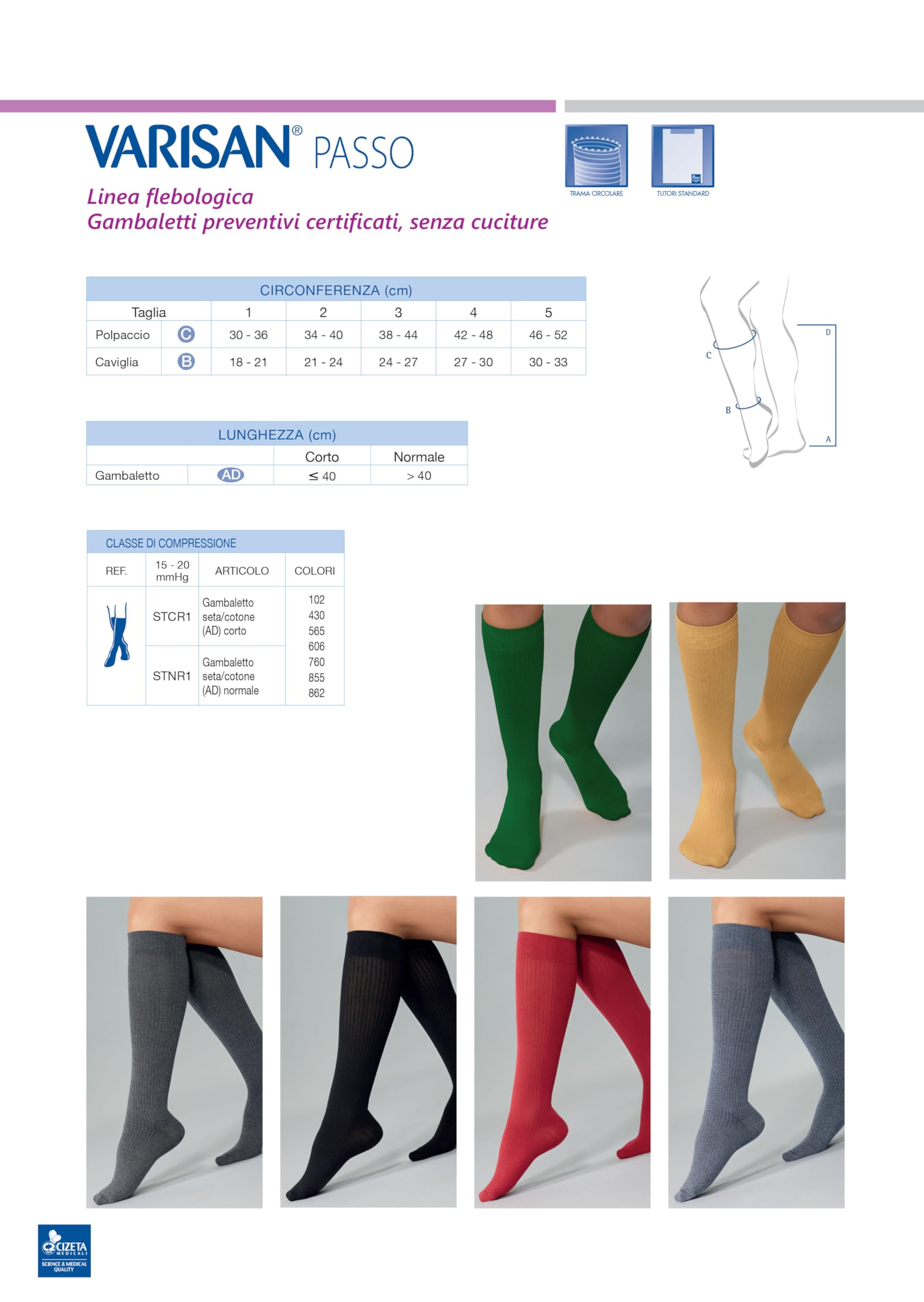 CIZETA Gambaletto cotone + seta - mmHg.15-20 - Lunghezza NORMALE - Misura 2 - Colore GRIGIO