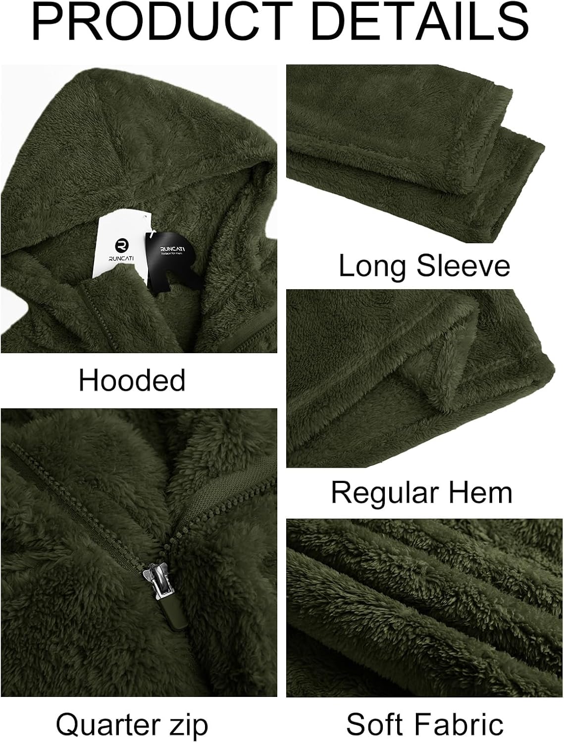 Runcati Mens Fuzzy Sherpa Hoodies Pullover Quarter Zip Long Sleeve Sweatshirts Fall Winter Outwear Casual Fleece Hooded - Image 6