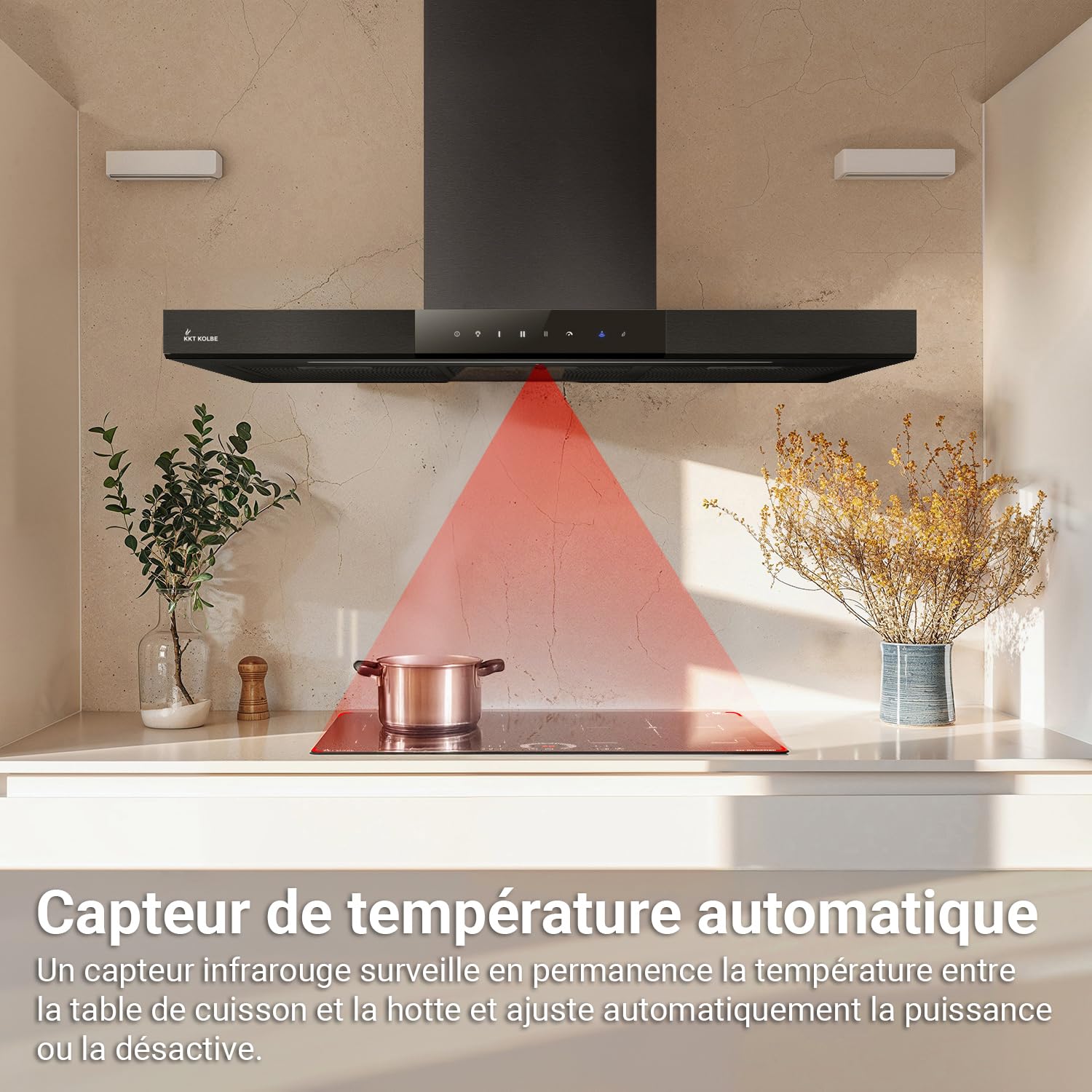 KKT KOLBE Hotte murale 90 cm A+++ | 754 m³/h recyclage ou évacuation | mode automatique | noir verre | arrêt différé | éclairage LED bi-couleur | commande tactile | SHAPE9005S