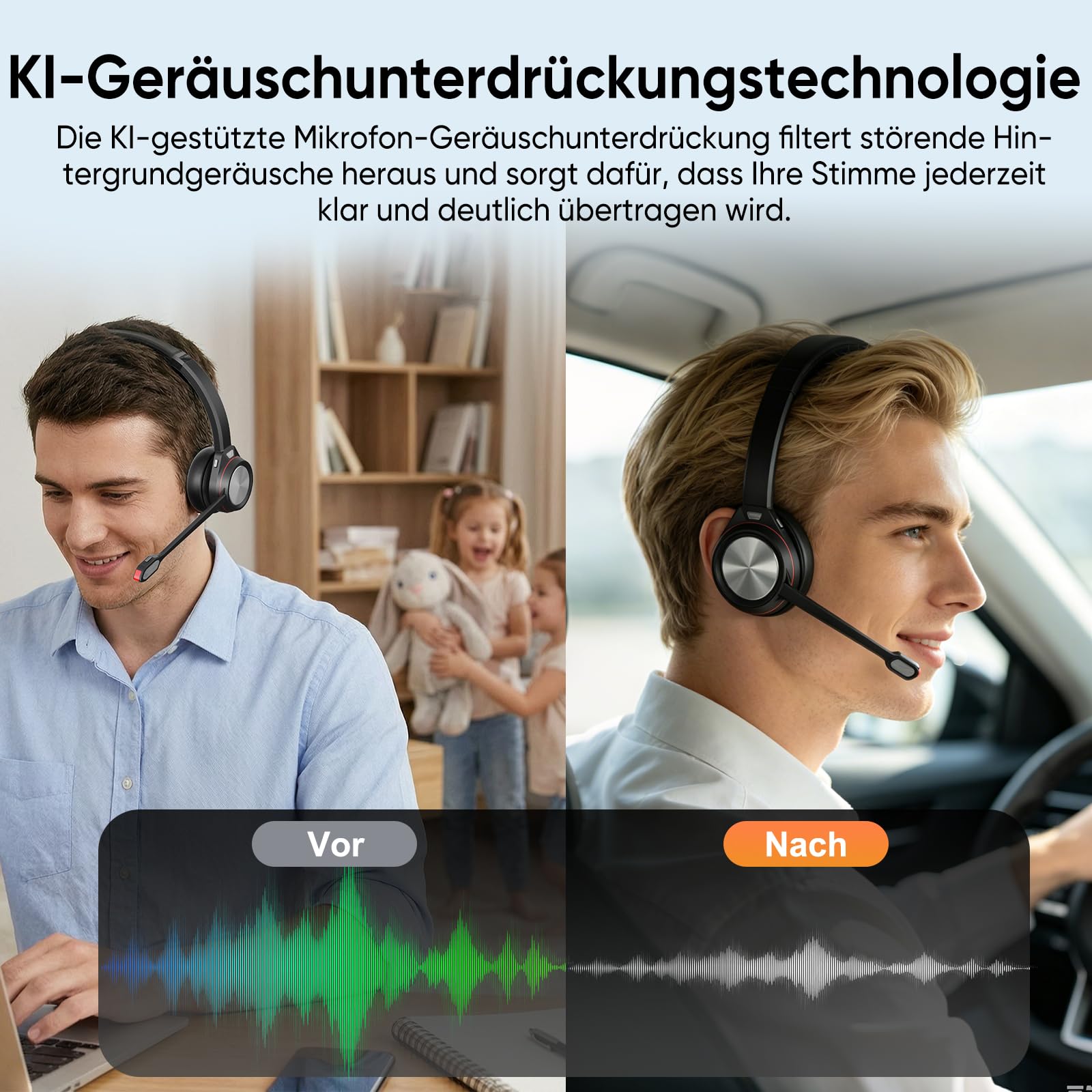 Bluetooth Headset mit Mikrofon, Wireless Headset mit USB Dongle Ladestation, Noise Cancelling Mikrofon, 40h Akku, Komfort Büro Headset für PC Laptop Callcenter Home Office Teams Zoom