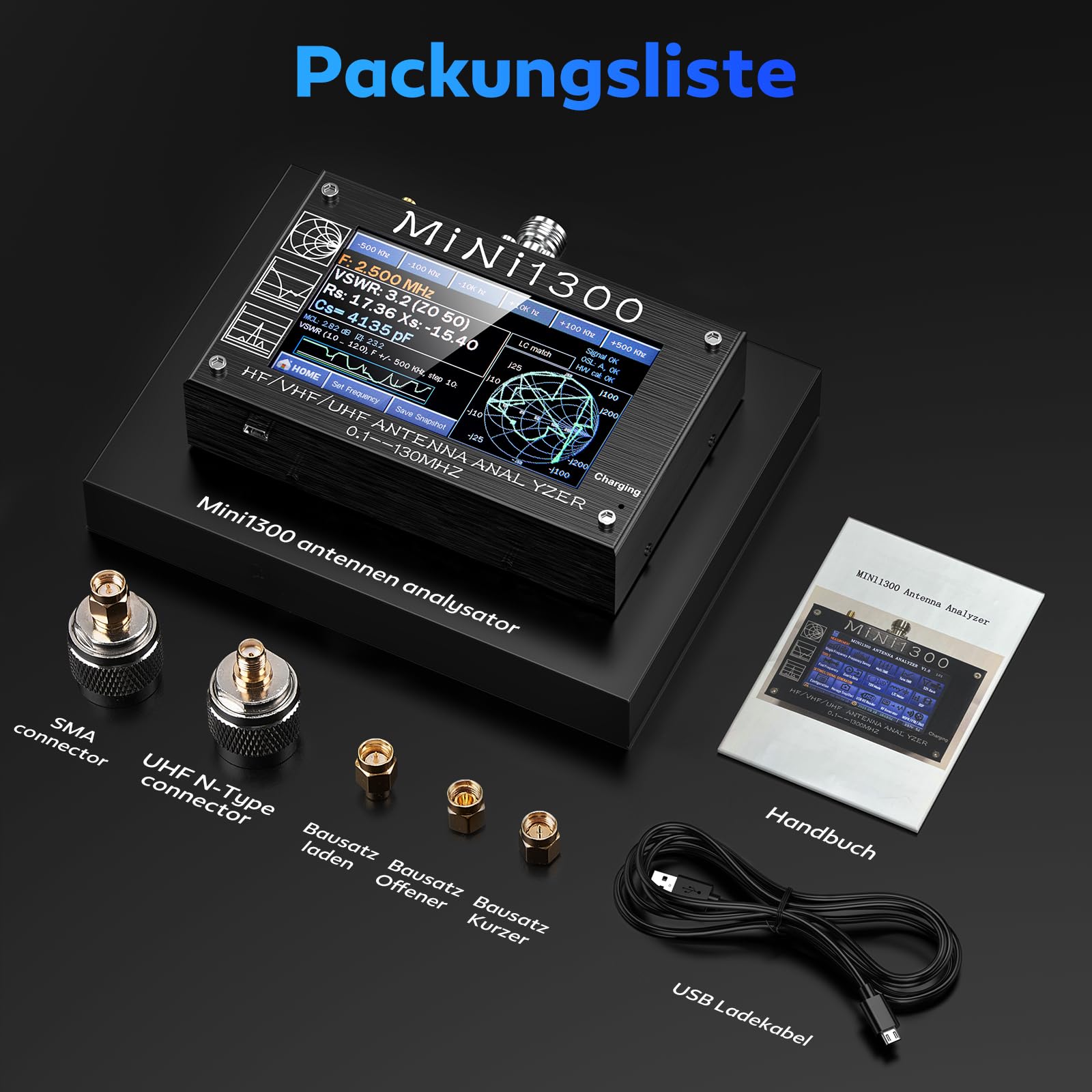 Seesii Mini 1300 Antennen Analysator, 2024 Aufgerüsteter 4,3 Zoll Signalgenerator 0,1-1300MHz HF VHF UHF ANT/SWR/TDR/DSP RF mit SMA Kalibrierkits