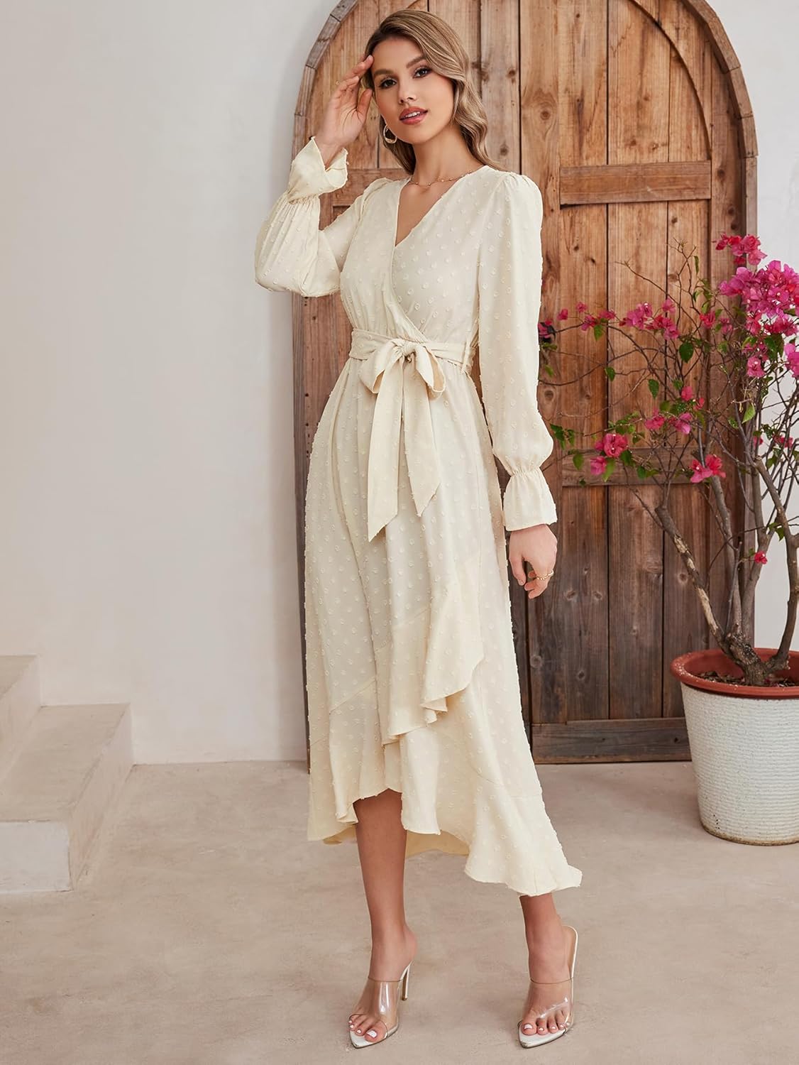 KUTUMAI Women 2024 Swiss Dot Maxi Dress V Neck Wrap Belted Ruffle A Line Flowy Boho Wedding Guest Long Dresses - Image 4