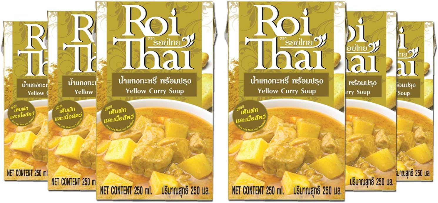 ROI THAI, Ready to cook, Thai Yellow curry soup, Curry sauce, Simmer sauce, Instant curry sauce, Curry paste with coconut milk, Thai food, 8.4 OZ (Yellow Curry, Pack 6)