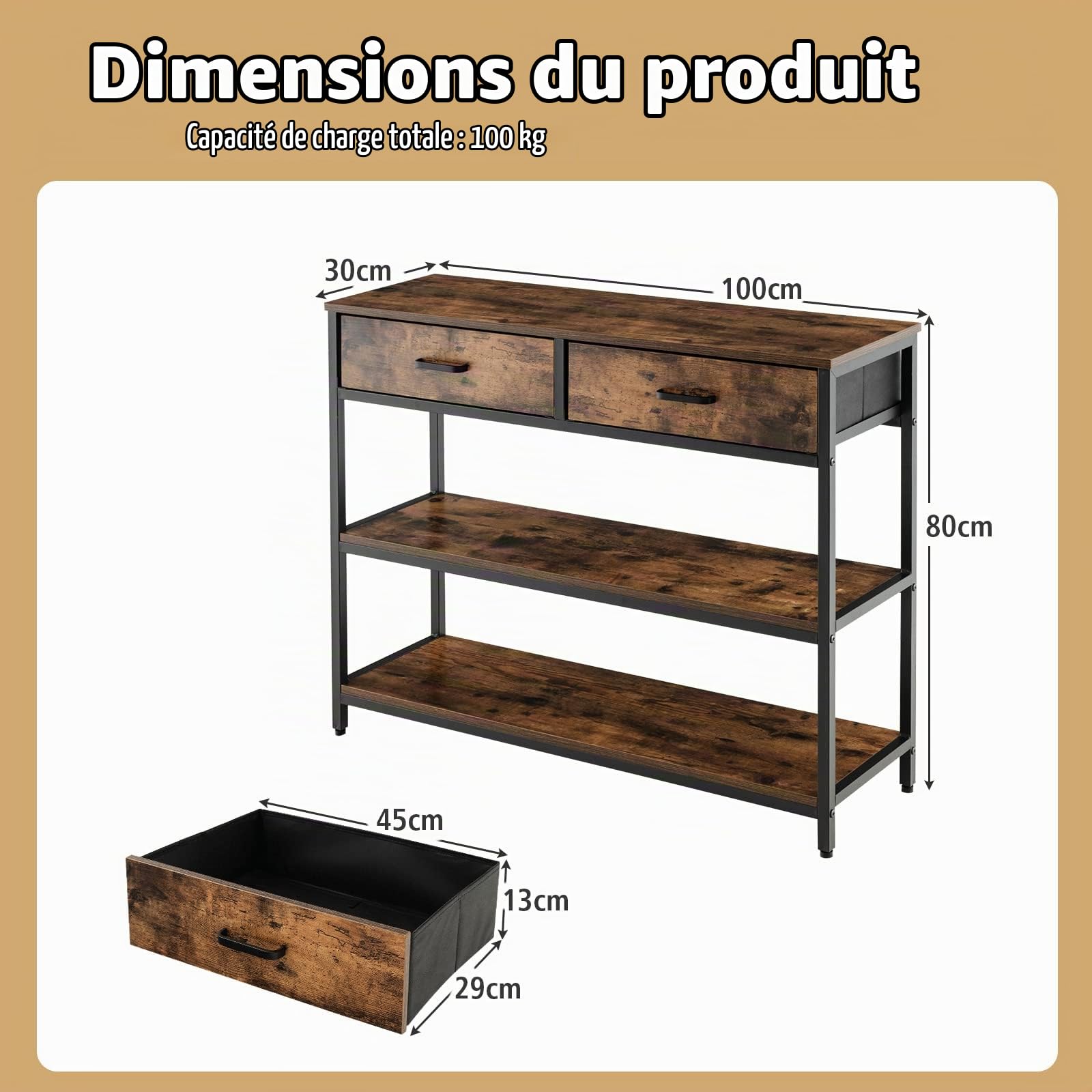 GOPLUS Table Console Industrielle avec 2 Tiroirs Amovibles et Pliables, Cadre Métallique, Anti-Basculement, Table d'Entrée à 3 Niveaux pour Salon, Couloir, Chambre,100X30X80 CM, Marron Rustique