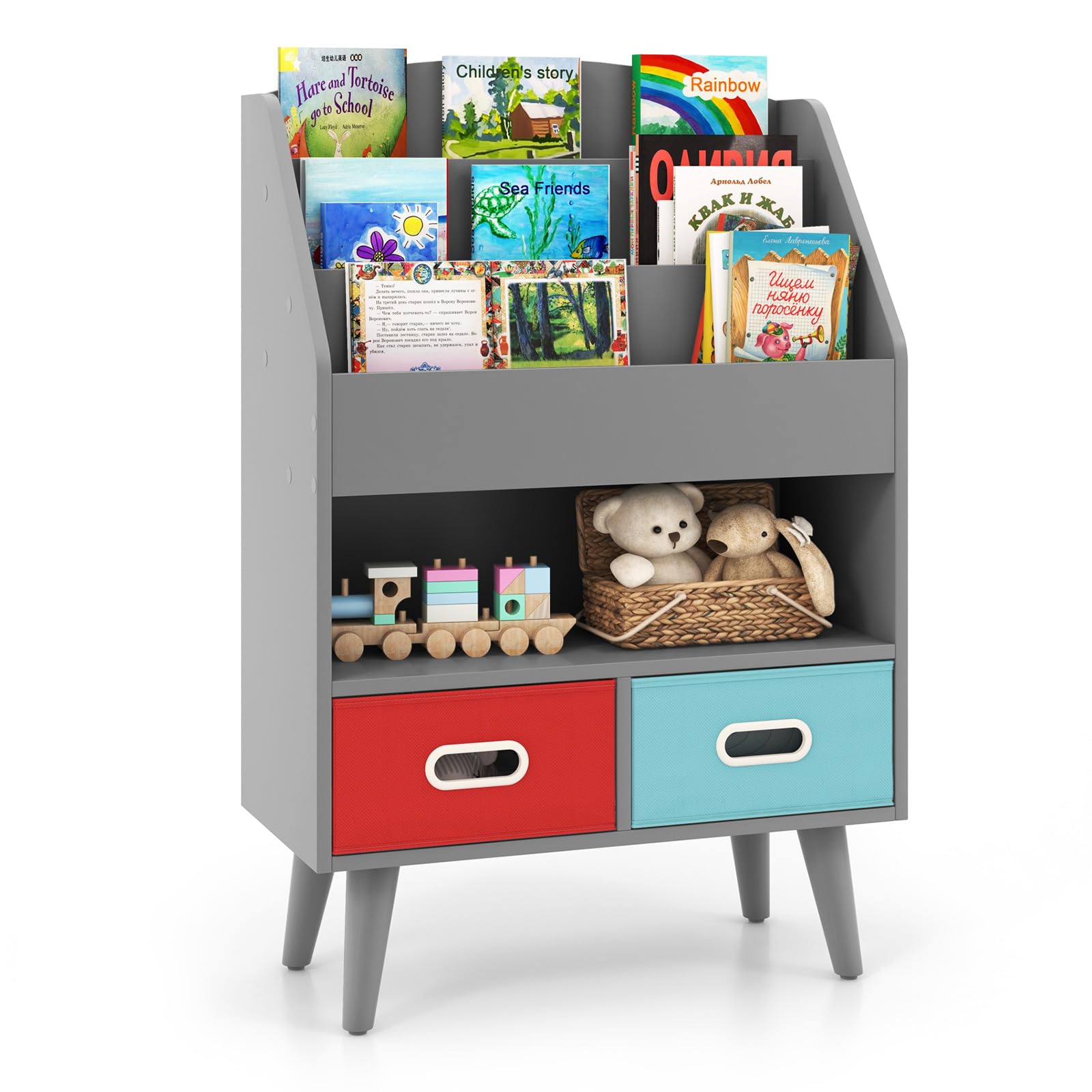 GLACER 5-Tier Kids Bookshelf, Wooden Children’s Book Rack with Toy Storage Organizer, Toddler Montessori Bookshelf with 2 Foldable Storage Cubes, Kids Bookcase for Nursery, Classroom, Playroom (Grey)