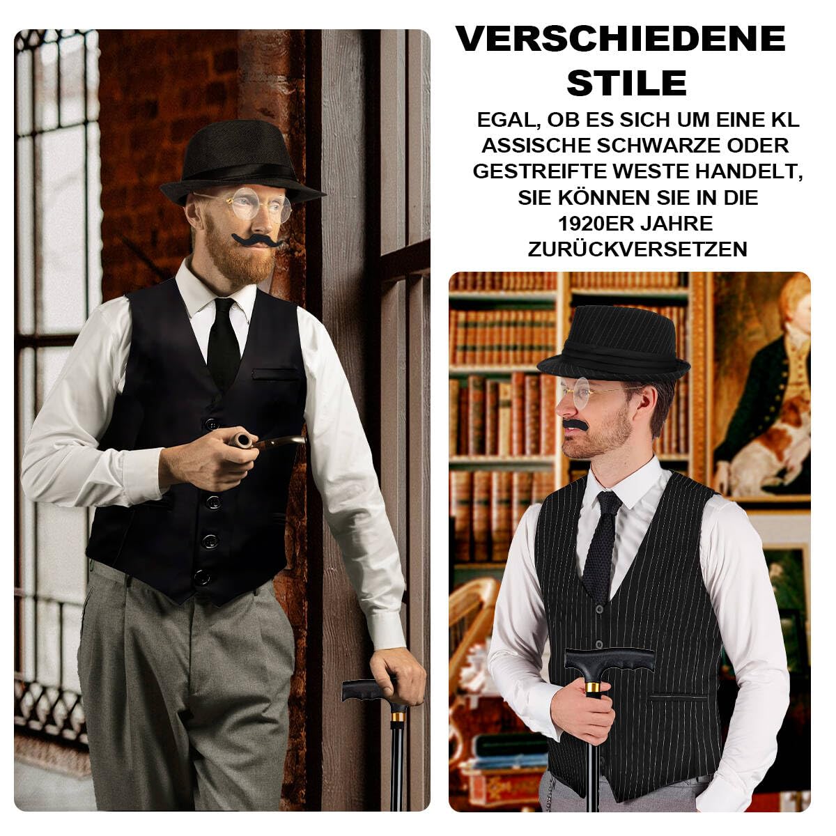 WILDPARTY Disfraz de los años 20 para hombre, chaleco con accesorios, muleta plegable, reloj de bolsillo, gafas de barba, corbata, pajarita, para disfraz de mafia de los años 20, gángster, Peaky