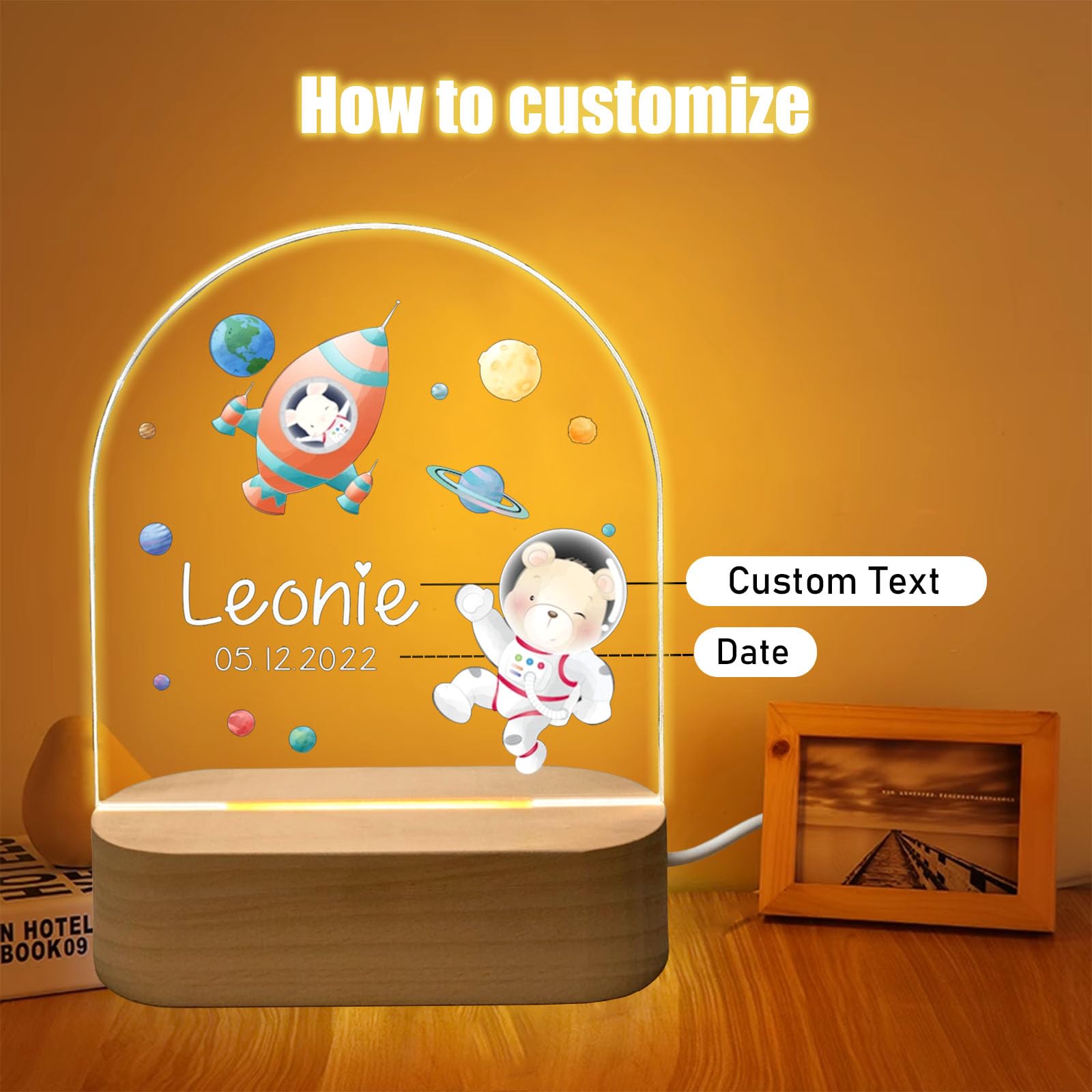 Fallover Personalised Night Lights with Name & Date - Unique Christening Gifts for Baby Girls/Baby Boys, Kids Night Light - Rechargeable Dimmable Night Light, Rememberance Presents - Christmas Gift