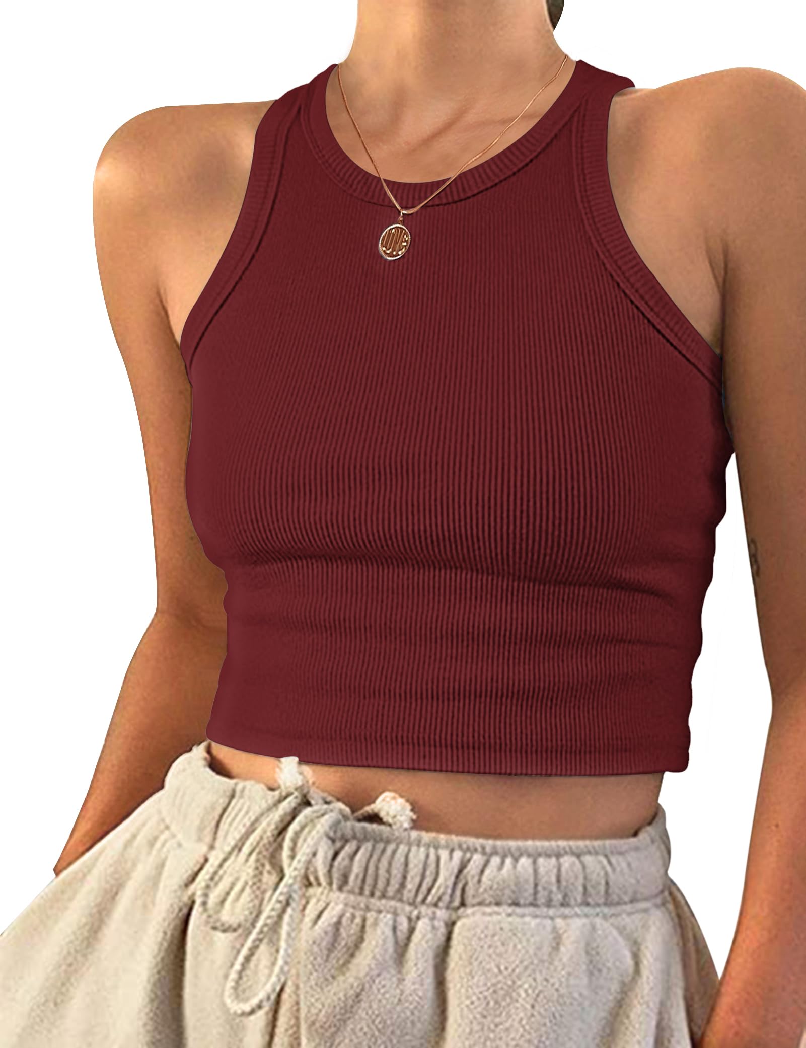 PLOKNRD Damen Crop Tops Rundhals Tank Top Sommer Ärmellos Bauchfrei Oberteil
