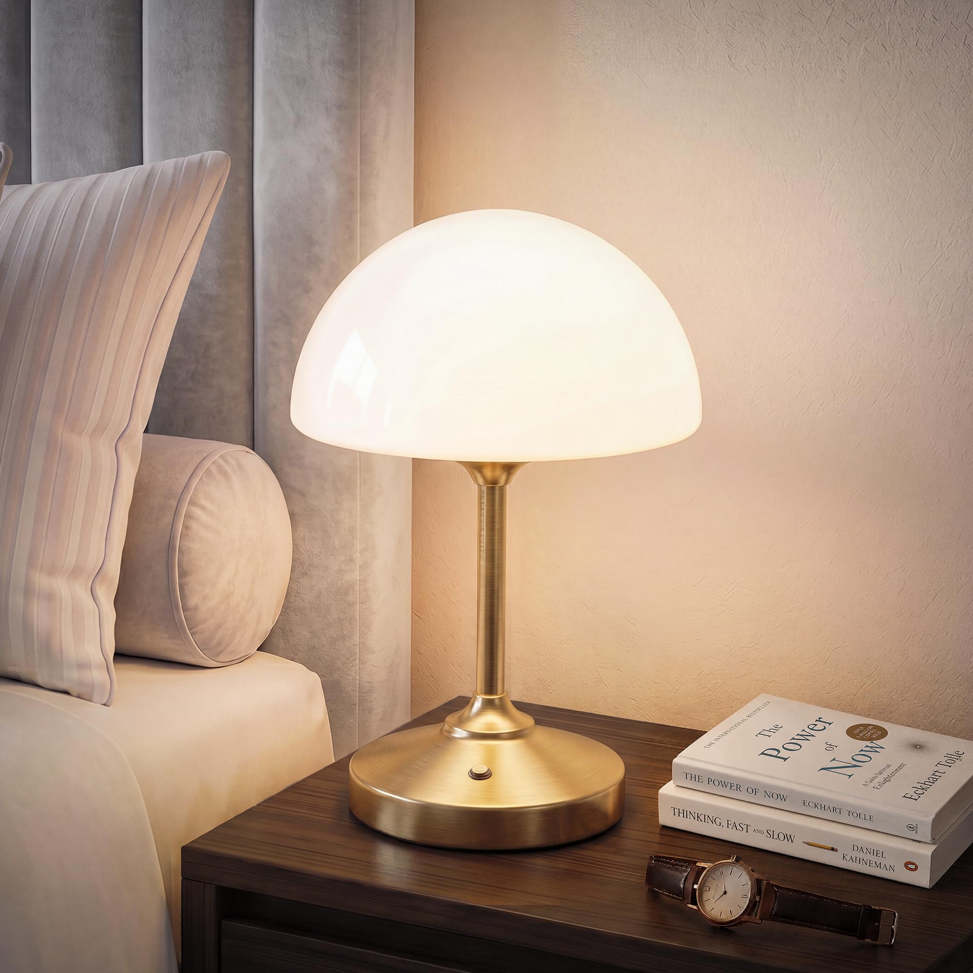 Dawnwake Mushroom Lamp Table Lamp Waterproof, Cordless Rechargeable Battery Lamp for Bedroom, 5000mAh Touch LED Lamps for Living Room, Bathroom, 3 Level Dimming Small Lamp, Gold