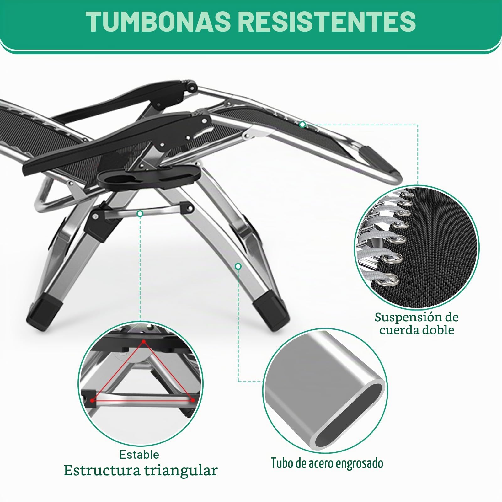 Tumbona plegable para el sol, silla de terraza, con capacidad de carga de 200 kg, silla de gravedad cero con soporte de cojín, portavasos, tumbona de jardín extraancha ajustable para patio