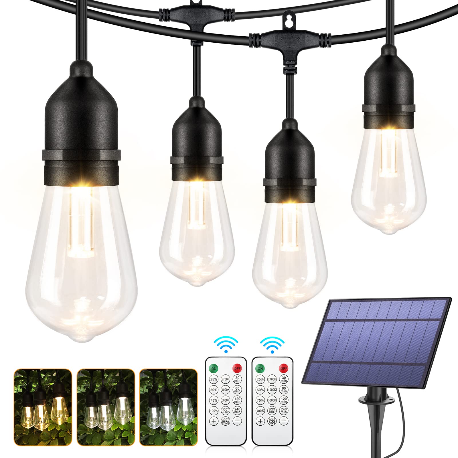 Photo 1 of *BOX IS DAMAGED* 48FT Solar String Lights Outdoor with Remotes, 3 Color in 1 Dimmable LED Solar Powered String Light for Patio, Shatterproof Garden Hanging Lights for Bistro Café Pergola, Warm/Daylight White 48FT Solar Powered
