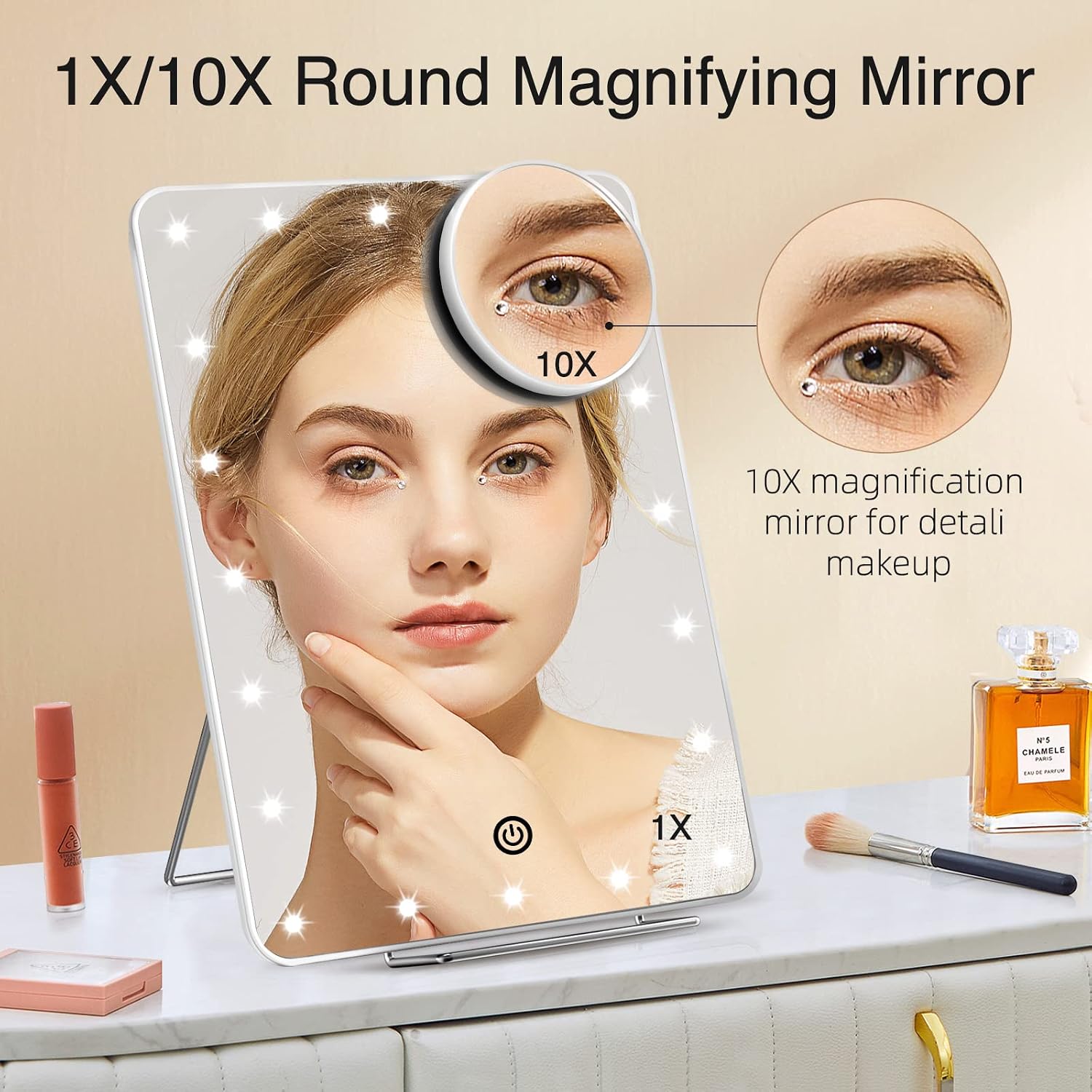 Lighted Makeup Mirror with 10X Magnification Mirror, Makeup Vanity Mirror with 20 LED Lights and Phone Holder, Touch Sensor Dimming, Dual Power Supply, Portable Desk Personal Beauty Light Up Mirror