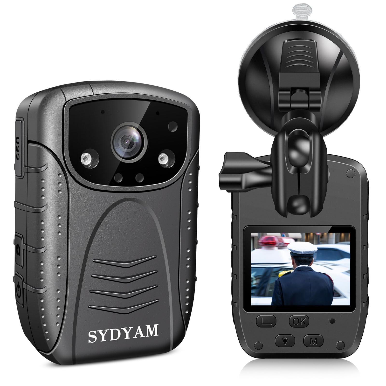SYDYAM 128GB 1296P HD Body Camera Bundle with Car Suction Cup Mount