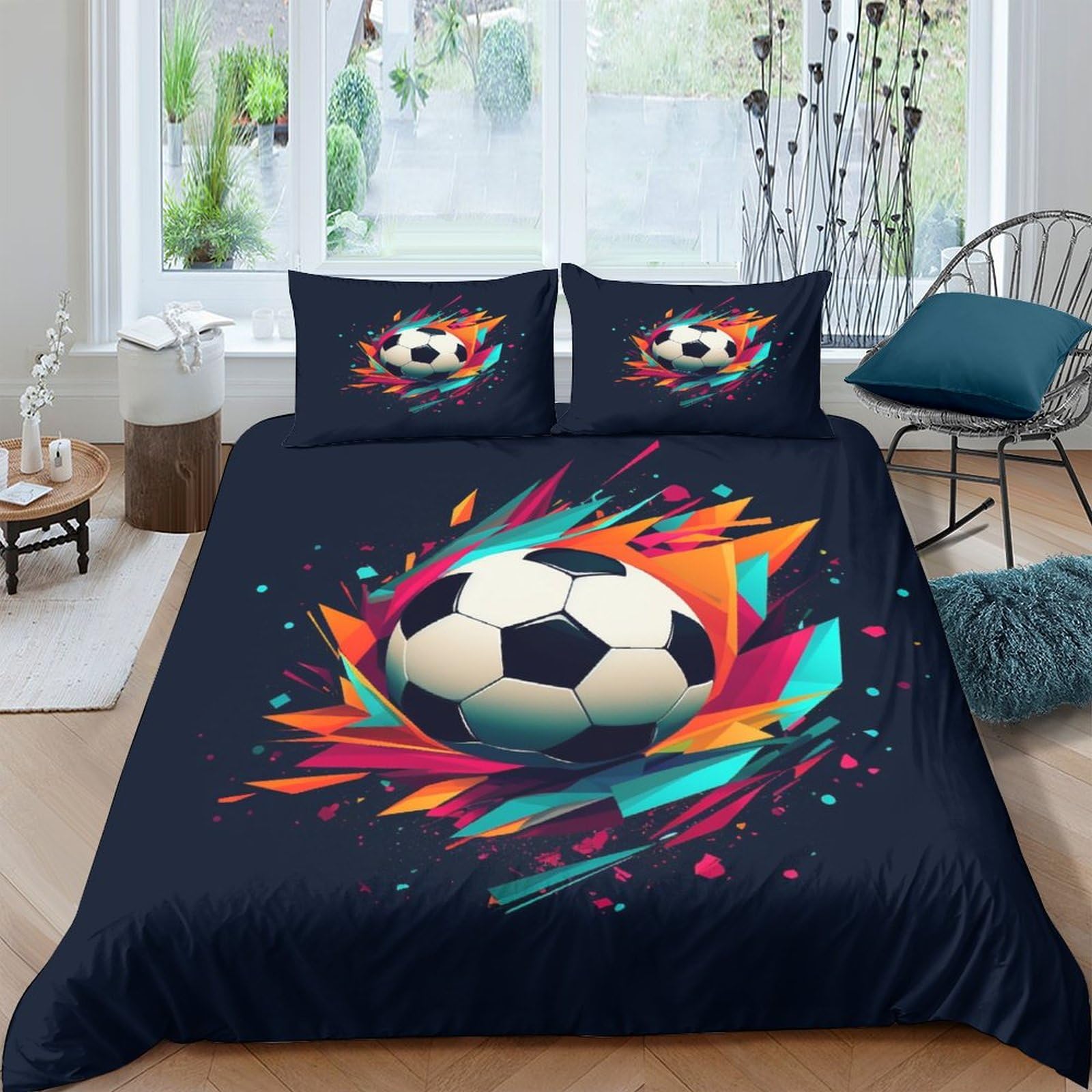 Housse de couette 200x200 cm motif football avec taies d'oreiller microfibre