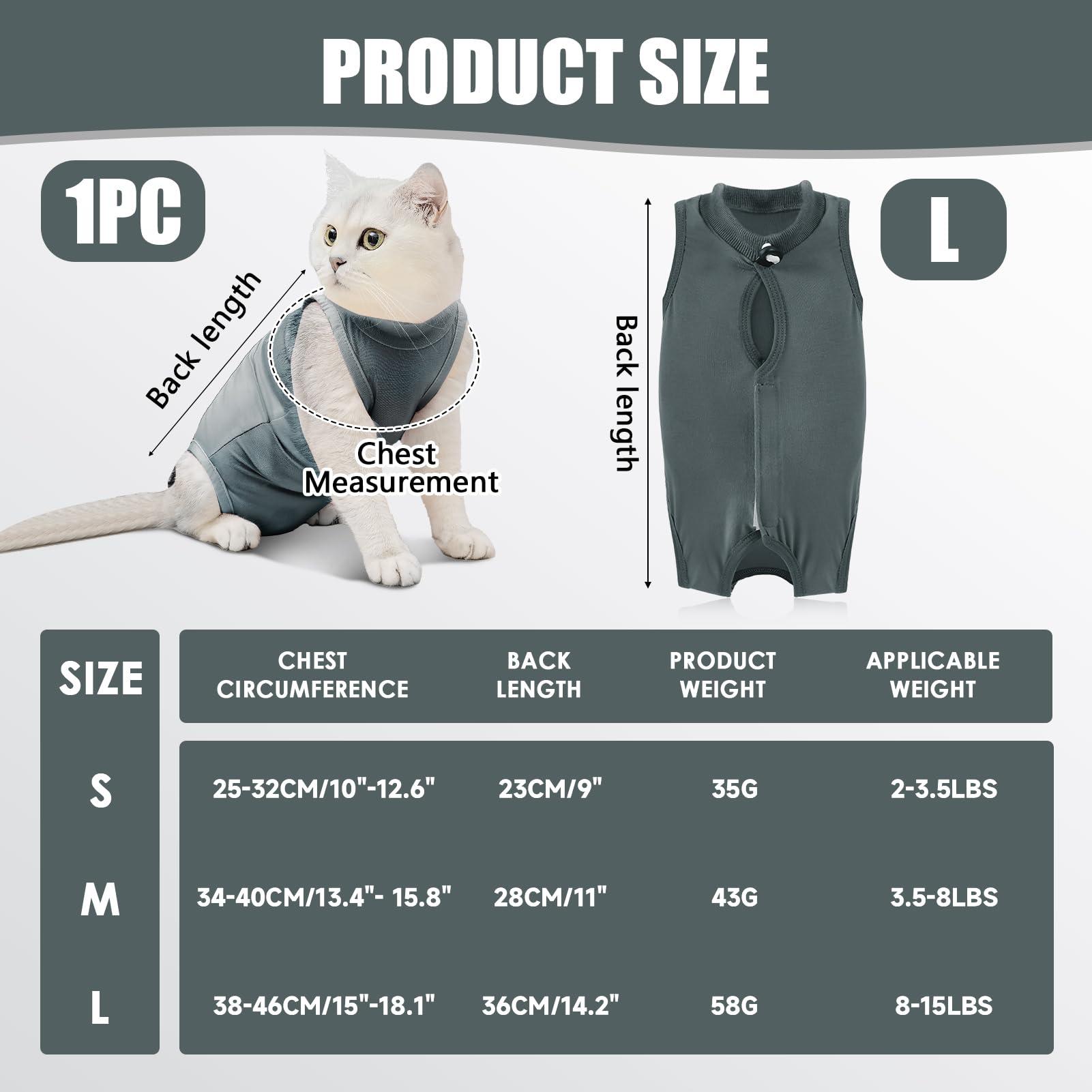 Plimbin Cat Recovery Suit Post Surgery Bodysuit for Cats Anti-Lick Pet Vest for Kitten Spaying Professional Recovery Suit for Abdominal Wounds or Skin Diseases (Grey - Image 2
