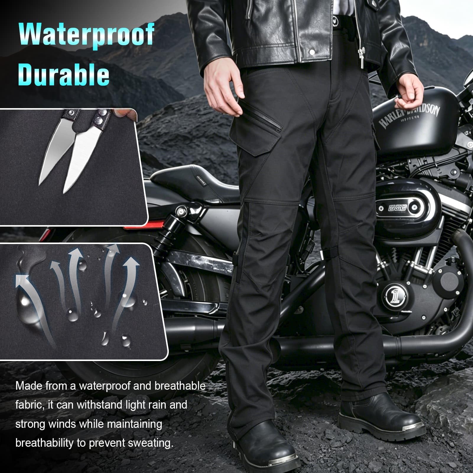 Herren-Motorradhose Mit CE-Protektoren. Höhenverstellbar Und Fixierbar, Wasserdicht, Winddicht Und Atmungsaktiv, Mit Protektoren Und Bund