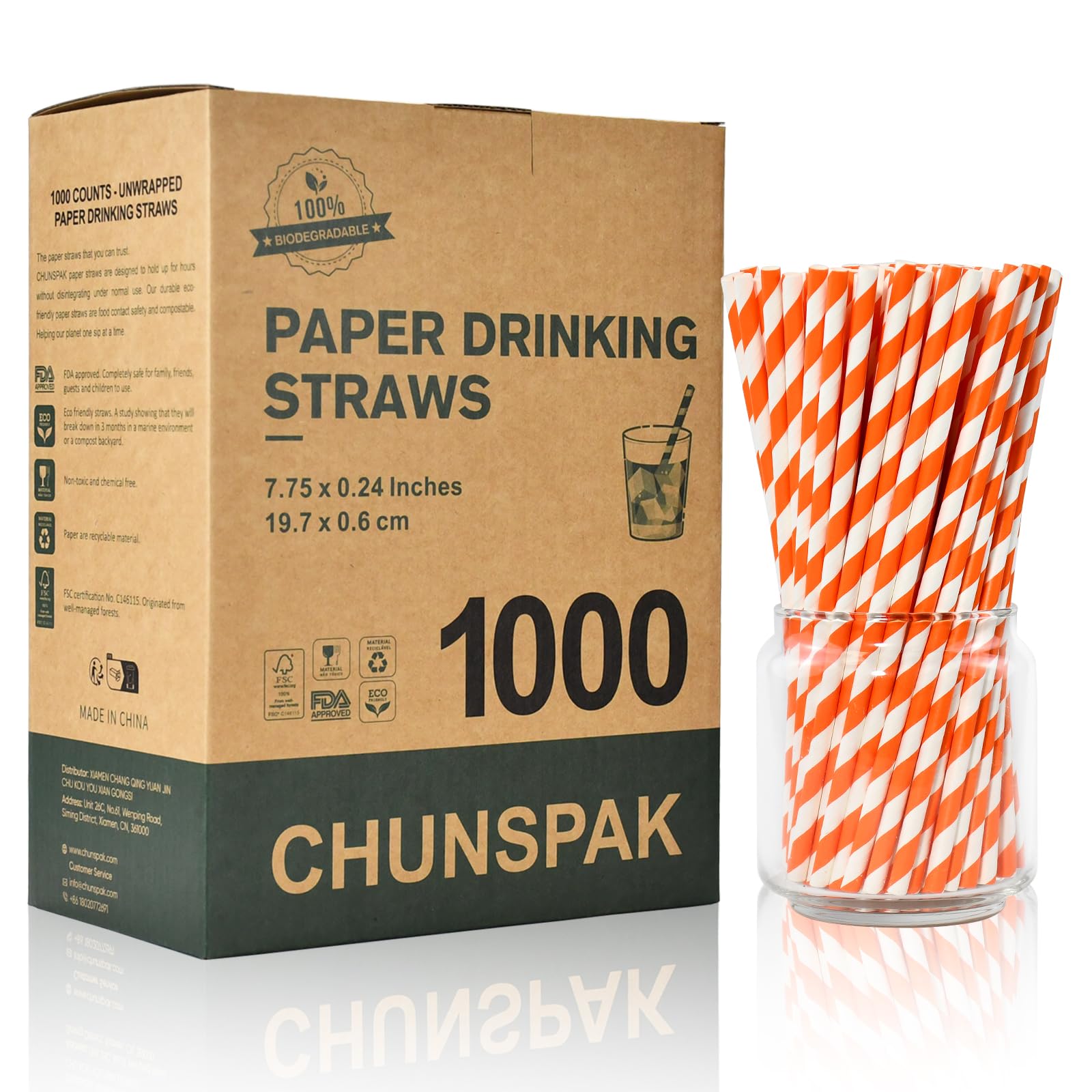 [1000 Stück] Lives on Green Orange/Weiß Streifen Papierstrohhalme - 19,7 x 0,6cm - für Bars und Restaurants, Biologisch Abbaubar und Kompostierbar