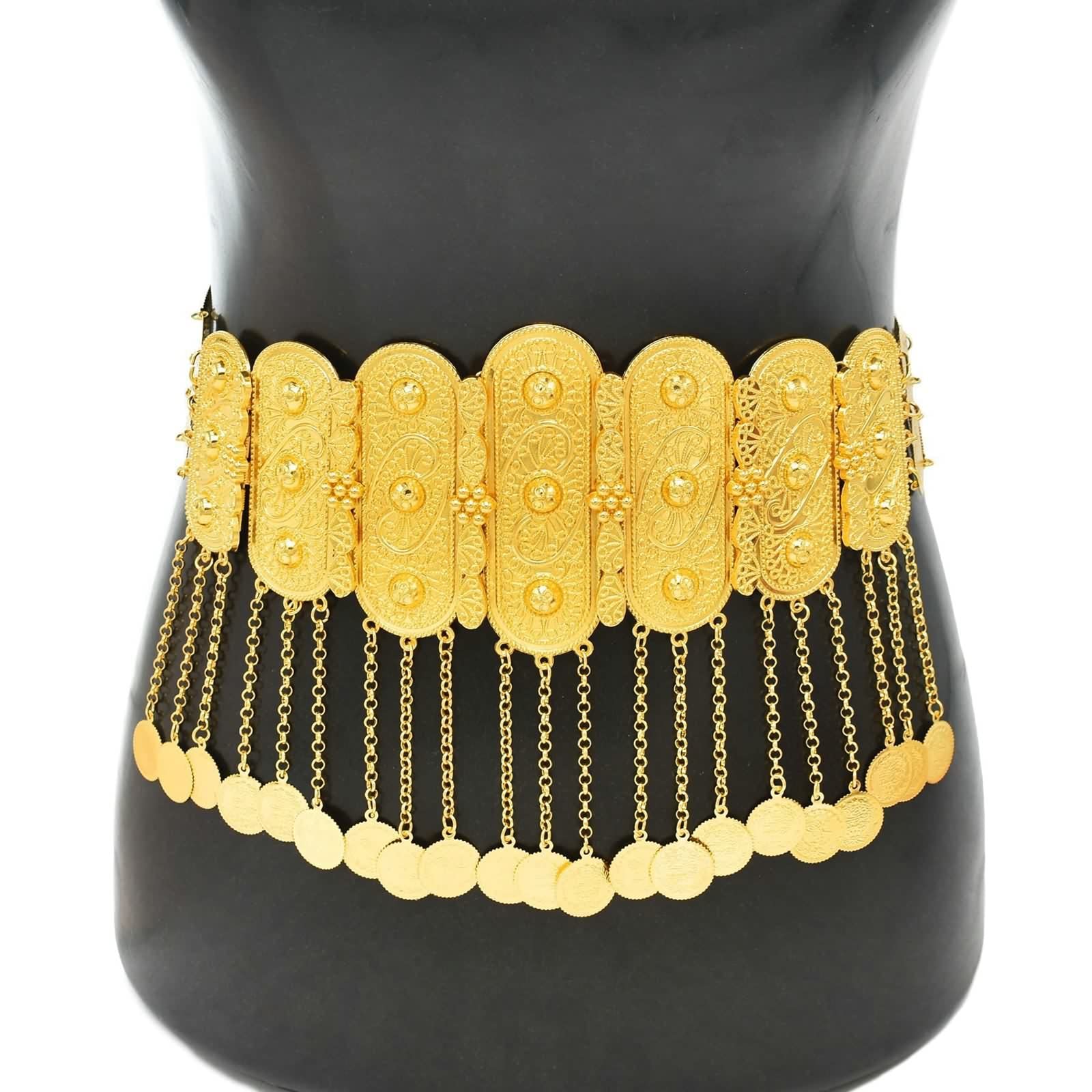 Daesar Körperschmuck Bauchkette Sexy, Taillenkette Vergoldet Breit Blumen mit Münzen Quasten Bauchketten für Frauen Gold