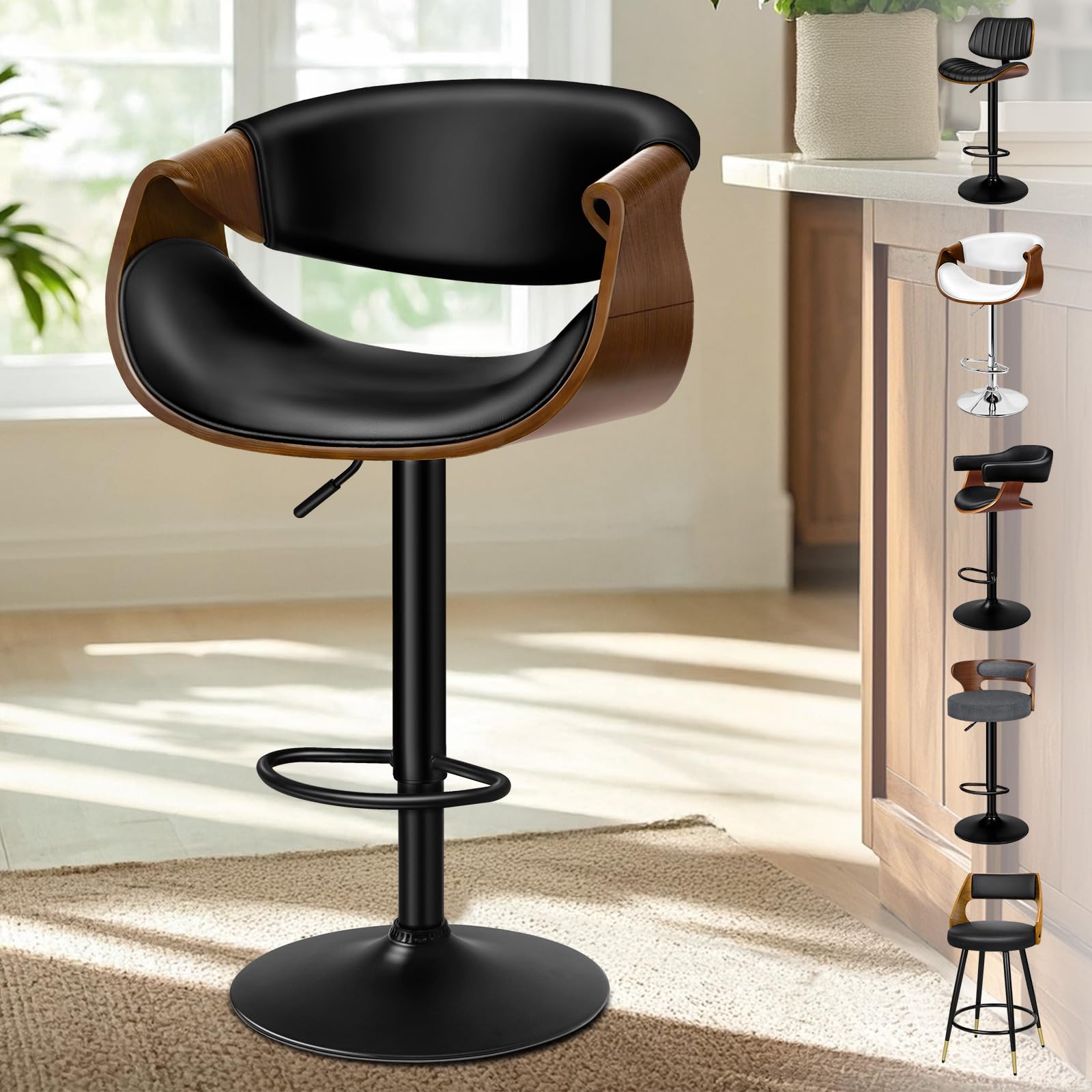 ALFORDSON Breakfast Bar Stools - 360° Swivel Wooden Barstools with Back & PU Leather Seat, Height Adjustable Armless Counter Chair with Footrest, Black Bar Stool for Kitchen Island, 1PC