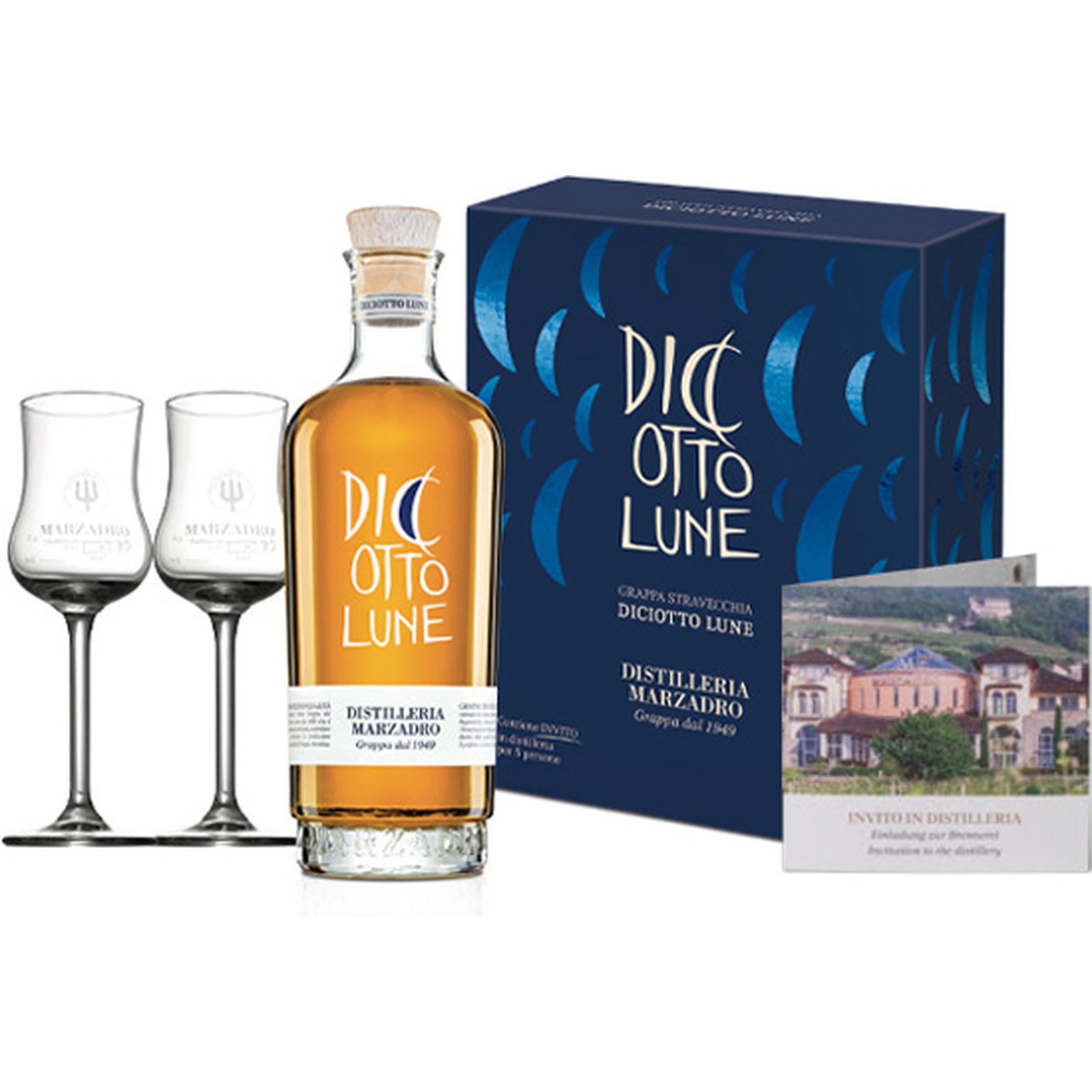 Distilleria Marzadro Insieme 1 bottiglia Diciotto Lune mit 2 glasses Grappa Italien inkl. FeinWert E-Book (1 x 0.5 l)