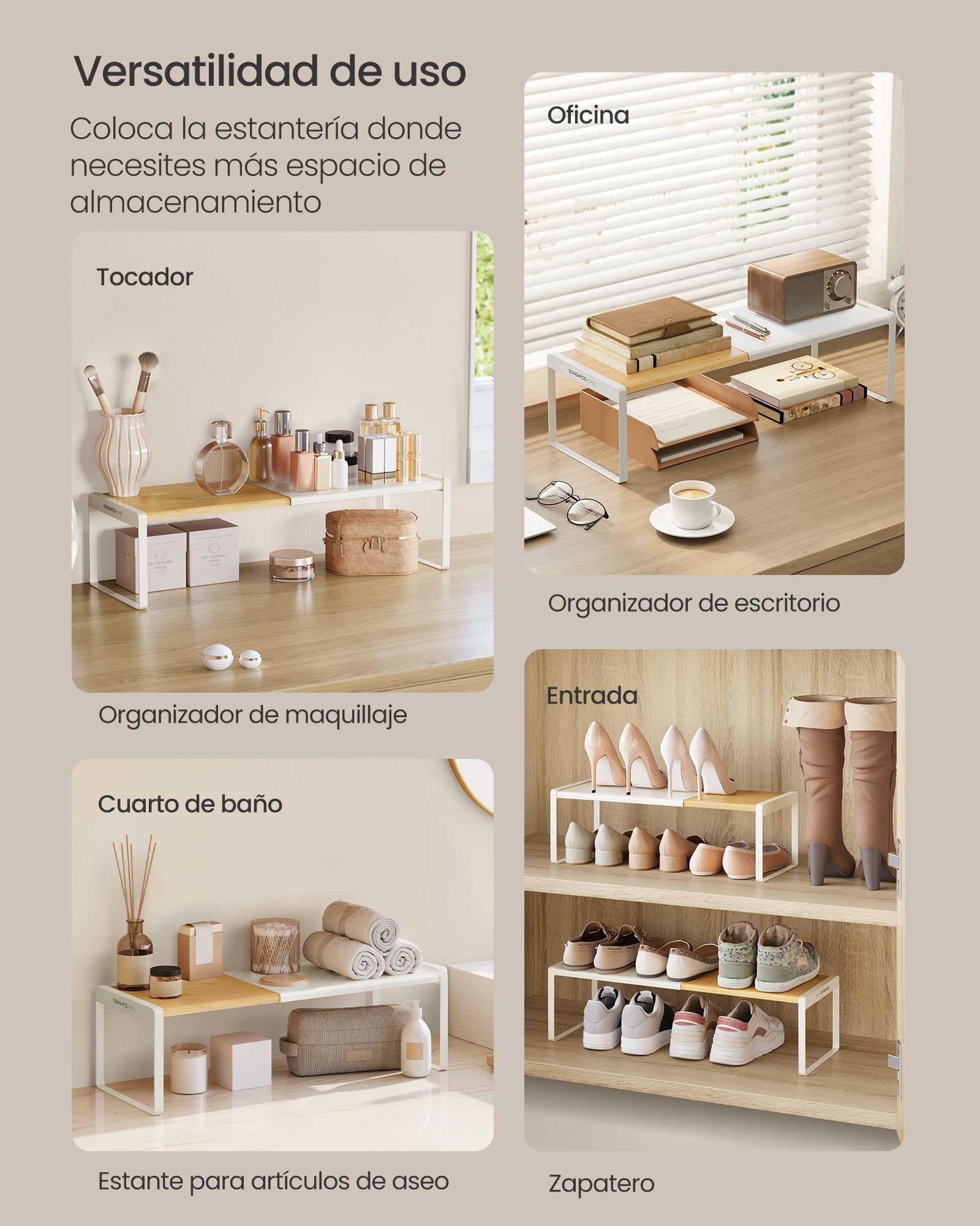 SONGMICS HOME Spice Rack, Extendable, Kitchen Organizer, Kitchen Shelf, Cabinet Organizer, Small Shelf, Stackable, Shoe Rack, Light Bamboo and Cream White KCS052W01 — view 5
