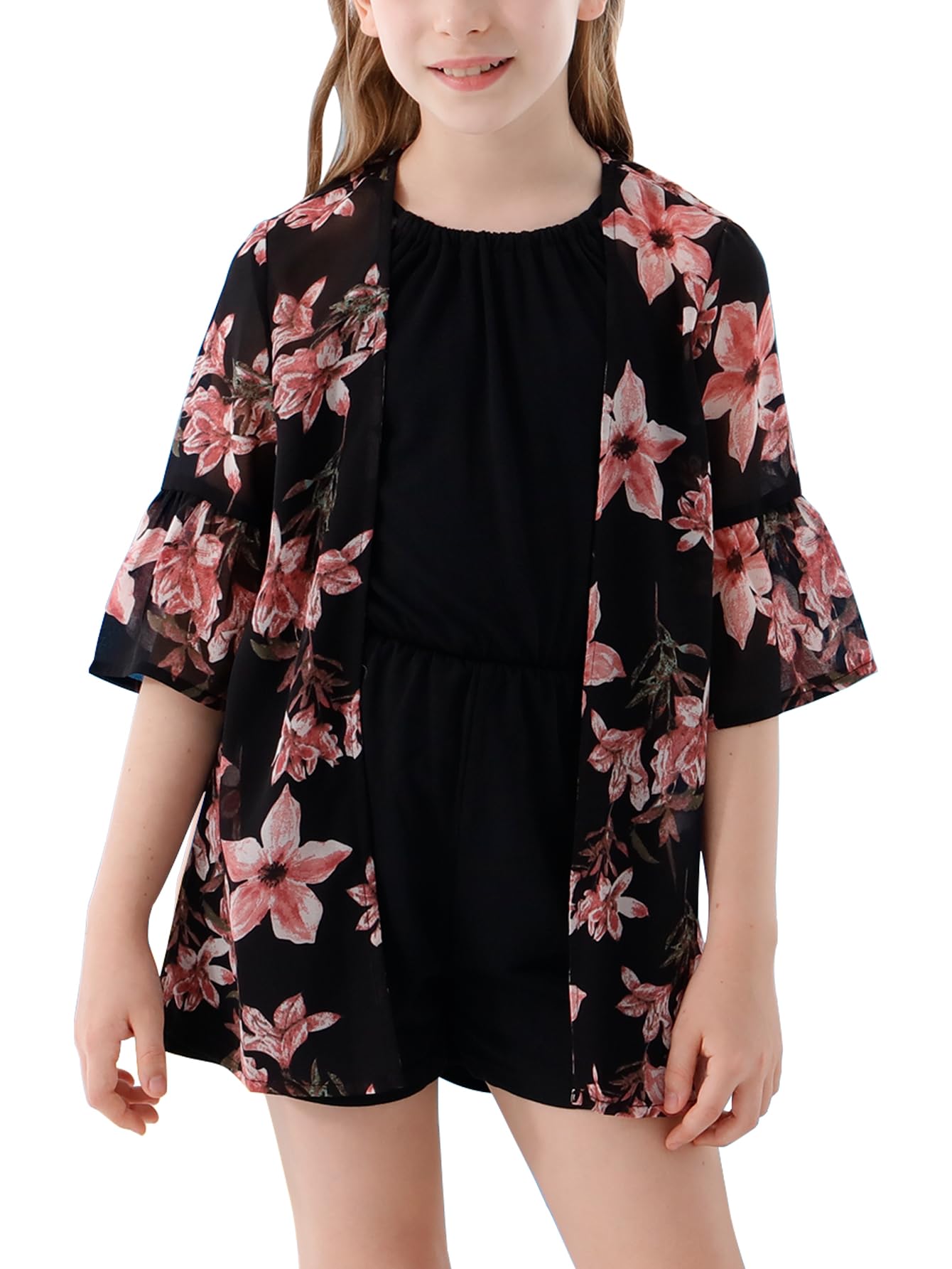 GORLYA Girls Floral Chiffon Kimono Beach Cover Up 4-14Y