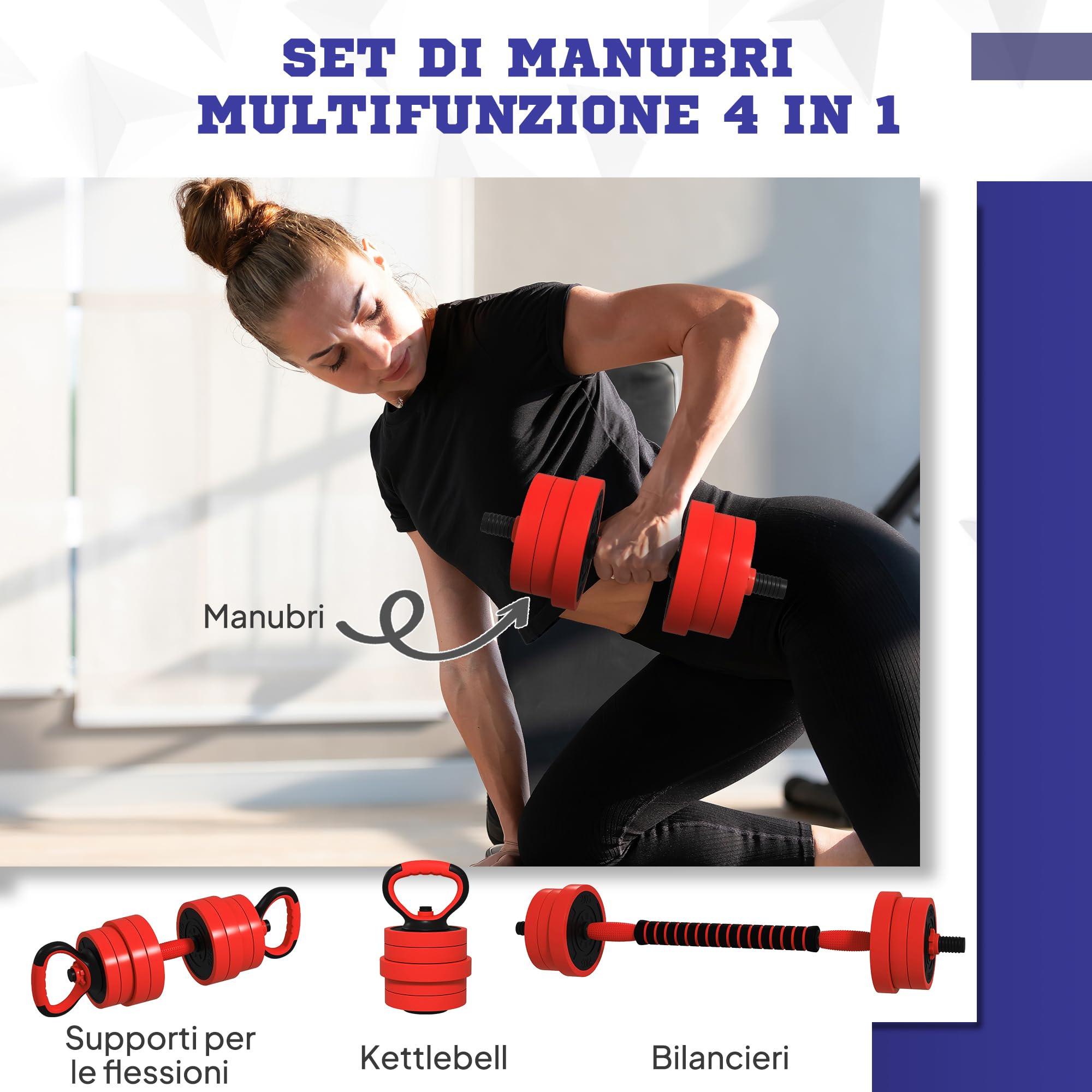 SPORTNOW Set Pesi da Palestra 4 in 1 da 20/30/40kg Totali in Plastica e Sabbia, Set Manubri Regolabili Utilizzabile come Kettlebell, 2 Manubri, Bilanciere e Supporto per Flessioni