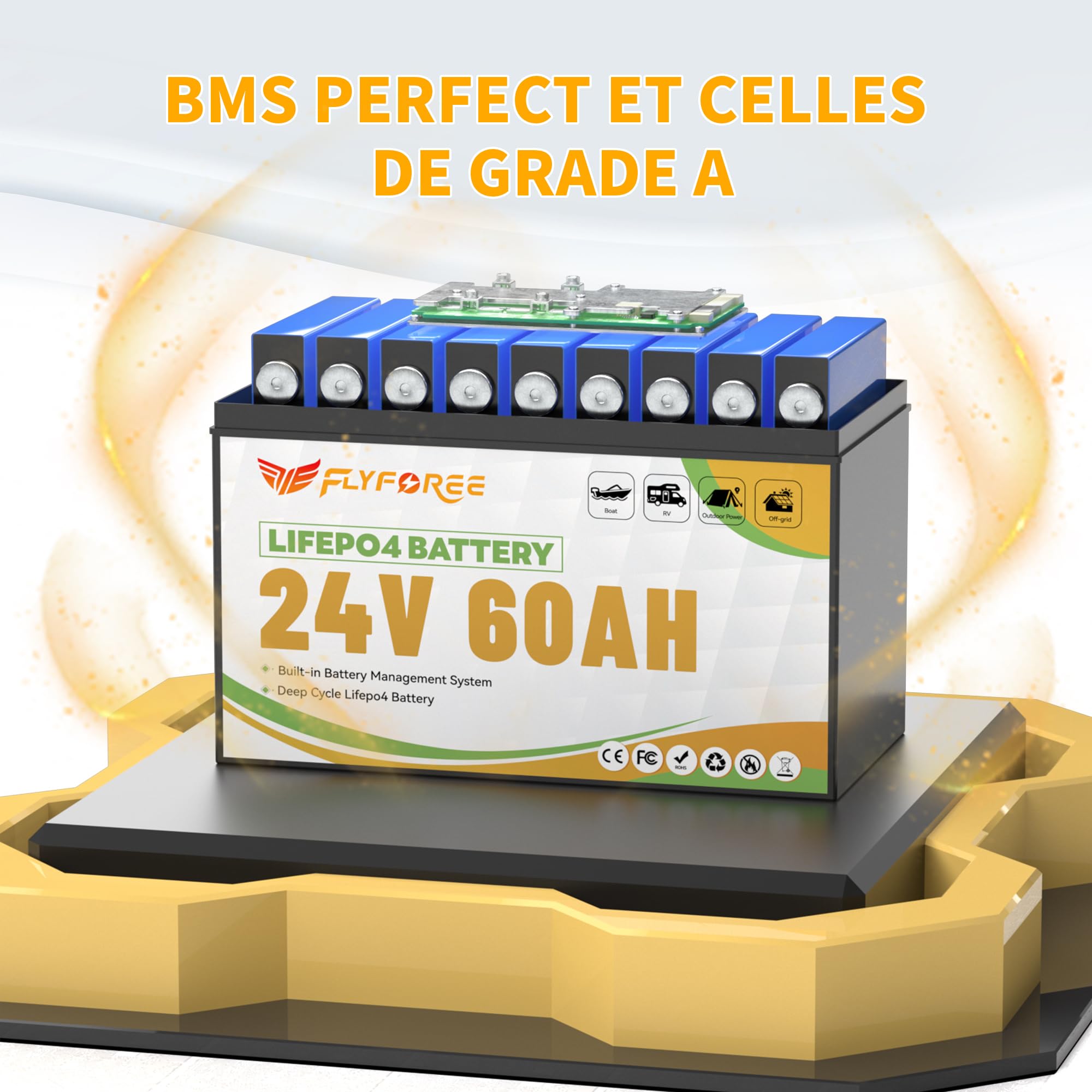 Batterie LiFePO4 24V 60Ah BMS Bluetooth intégré et cellules de grade A, batterie de lithium de cycles profonds de 17500 batteries rechargeables faciles pour RV, bateau, solaire, voiture de golf
