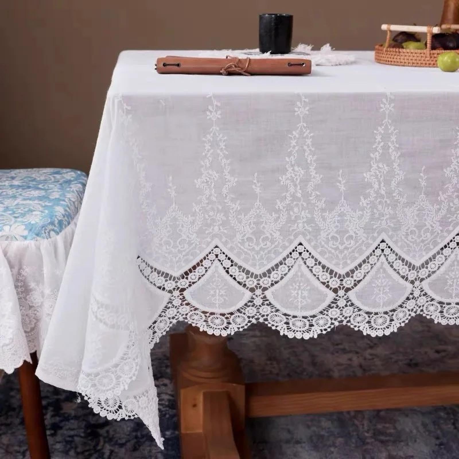 Nappe de table blanche de mariage en coton brodé champêtre chic