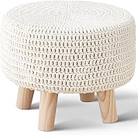 Wimarsbon Handmade 100% Cotton Knitted Pouf Ottoman Boho Footstool with Storage, Non-Skid Wood Legs - Round Footrest Stool for Living Room (Beige)