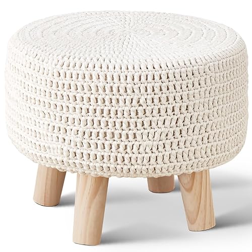 Wimarsbon Pouf Ottoman, 100% Cotton Knitted Boho Footstool, Round Footrest with Non-Skid Wood Legs, Home Décor Handmade Pouffe, Leisure Floor Step Stool for Living Room (Beige) - Beige
