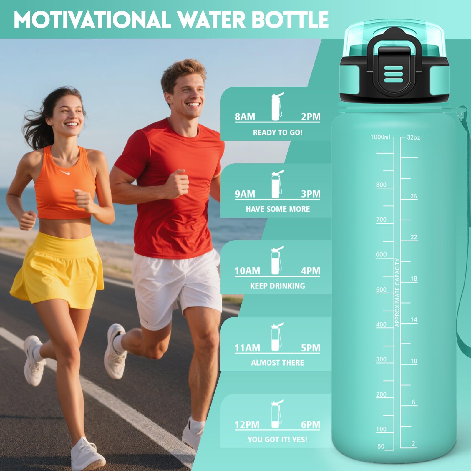 Mulbijeo Borraccia 1 Litro, Libre de BPA & Reutilizables, Borracce con Cannuccia, A Prova di Perdita, Borraccia Motivazionale, Portatile, Borracce Palestra per Scuola, Palestra, Ufficio, Festa