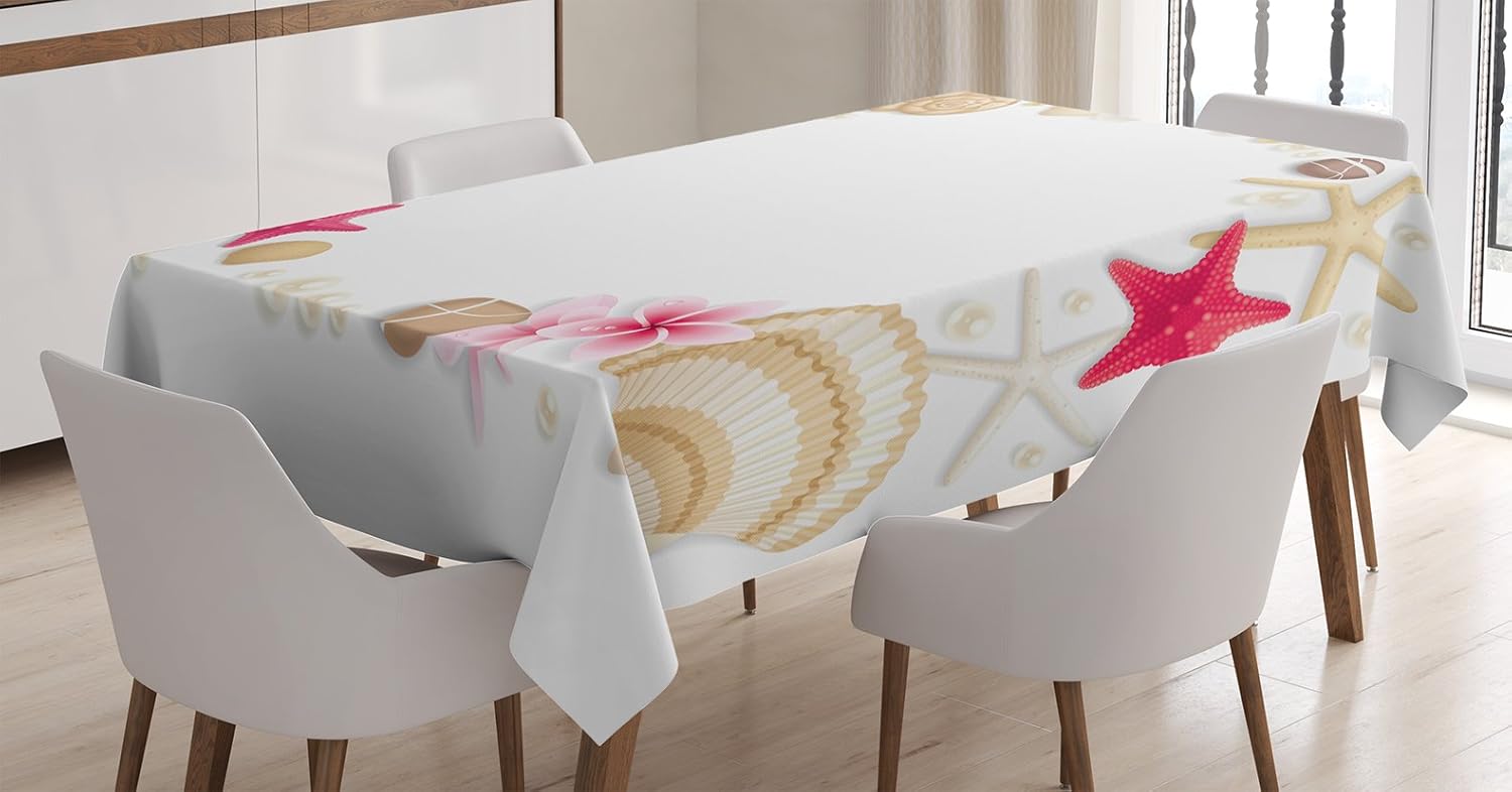 Ambesonne Pearls Tablecloth, Frame with Seashells Starfish Stones Frangipani Exotic Flower Pattern Print Art, Dining Room Kitchen Rectangular Table Cover, 52" X 70", Beige Fuchsia 52" X 70" Beige Fuchsia