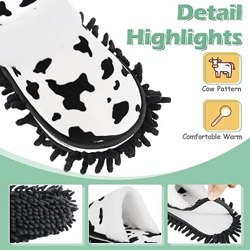 Detachable Microfiber Mop Slippers Floor Dust Cleaning for House | Women 7-10/Men 5-8, Cow Pattern, Washable Non Slip Mopping Slippers for Kitchen Bedroom
