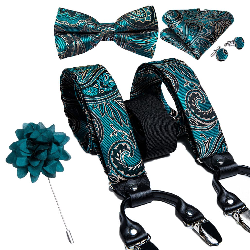 keusyoi Luxuriöse Herren-Hosenträger aus Seide, verstellbar, 6 Clips, Leder, Metall, Fliege, Brosche, Einstecktuch-Set