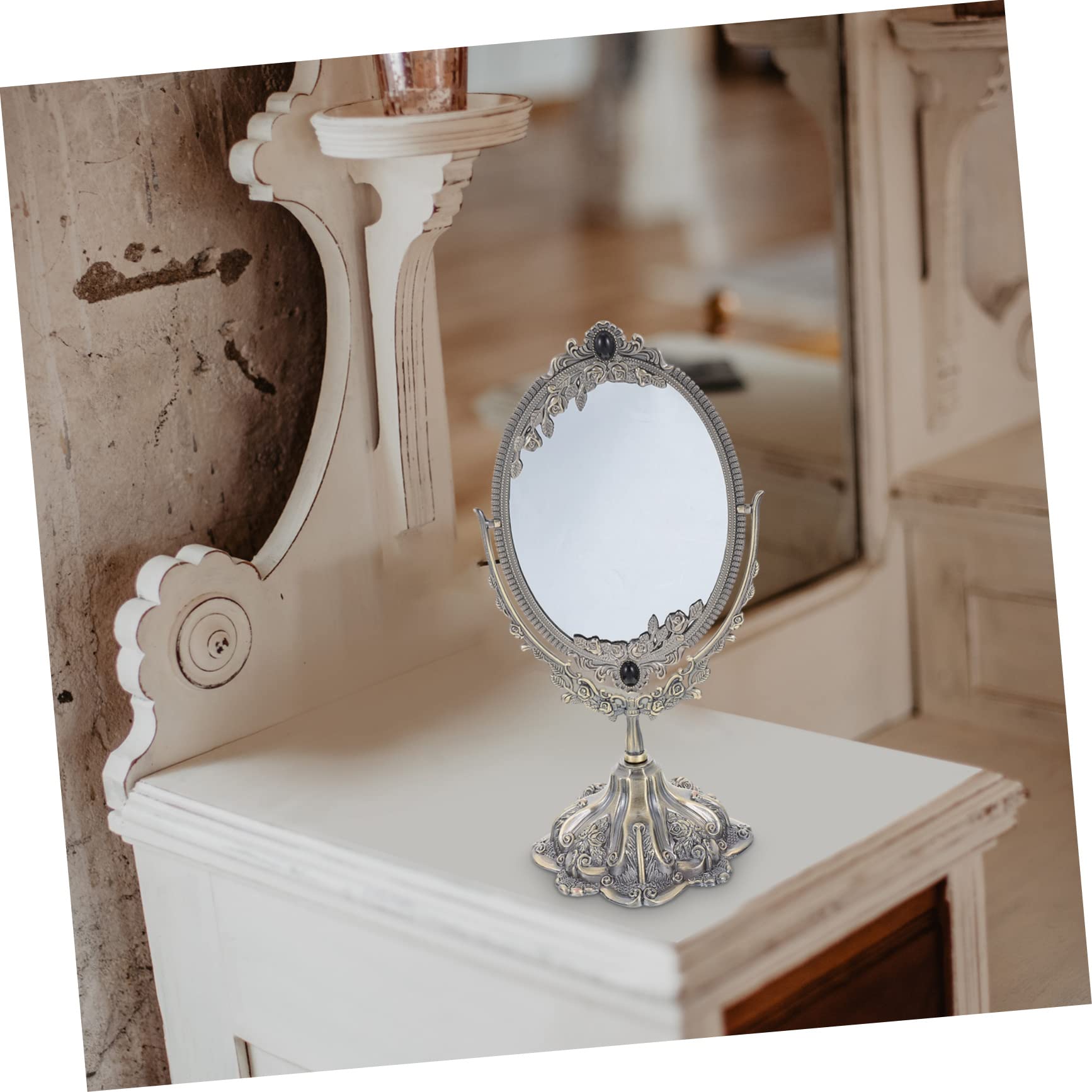 OUNONA Doppelseitiger Tischspiegel aus Zinklegierung im Retro Design | Drehbar, Flacher Standfuß, Hohe Auflösung, Europäischer Stil, Elegant für Hochzeits und Make Up Nutzung