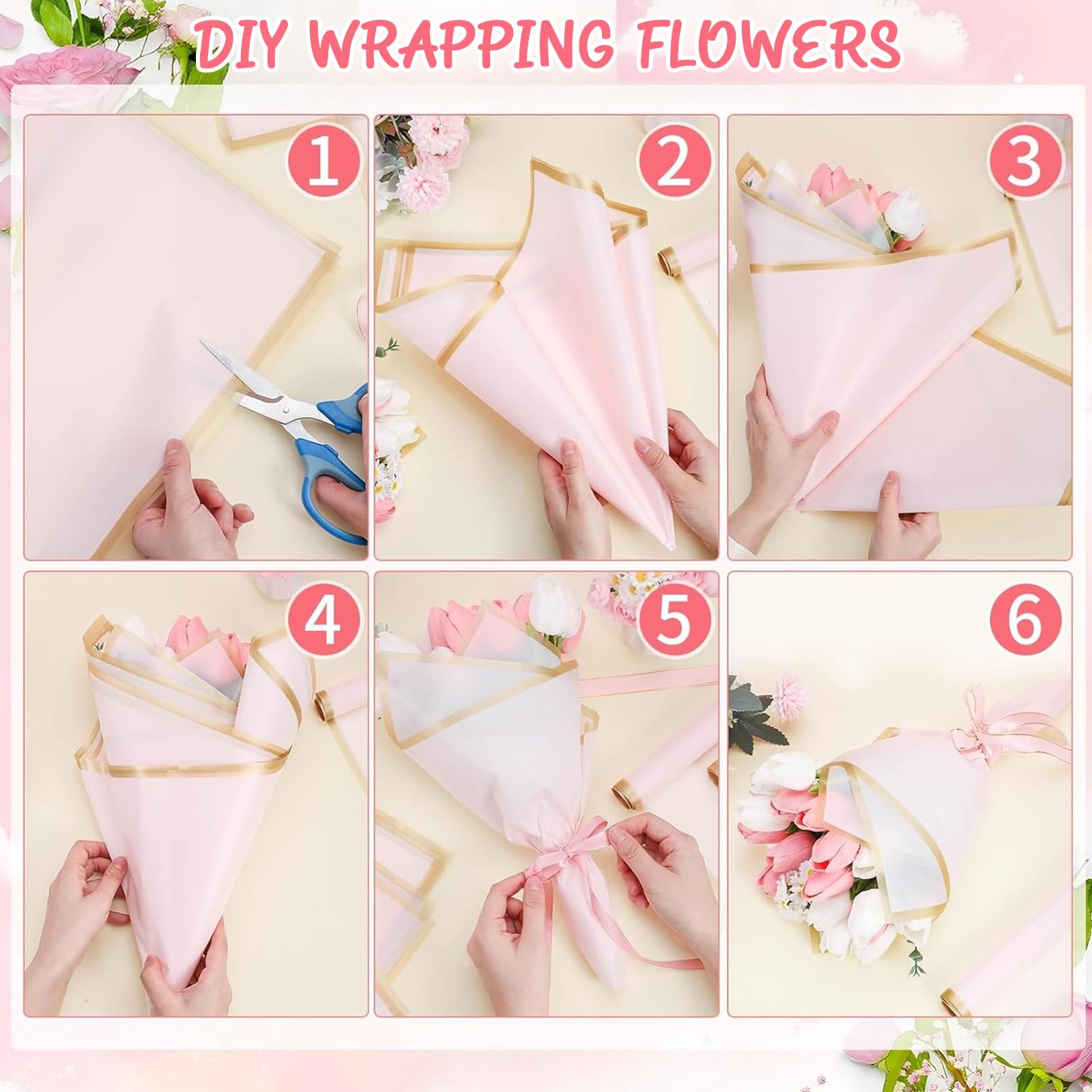 weiclianhp 20 Hojas Papel de Envolver Flores Impermeable con Borde Dorado, 10 Blanco + 10 Rosa, 58x58 cm, para Ramos de Flores, Regalos de Cumpleaños y Eventos