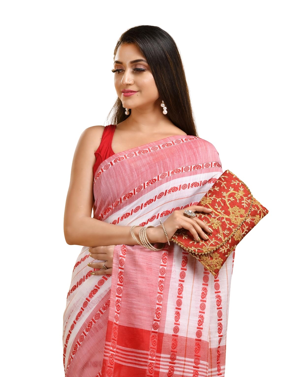 Women`s Traditional Bengali Bengamuri Pure Handloom Cotton Saree With Blouse Piece (White and Red)-image-33