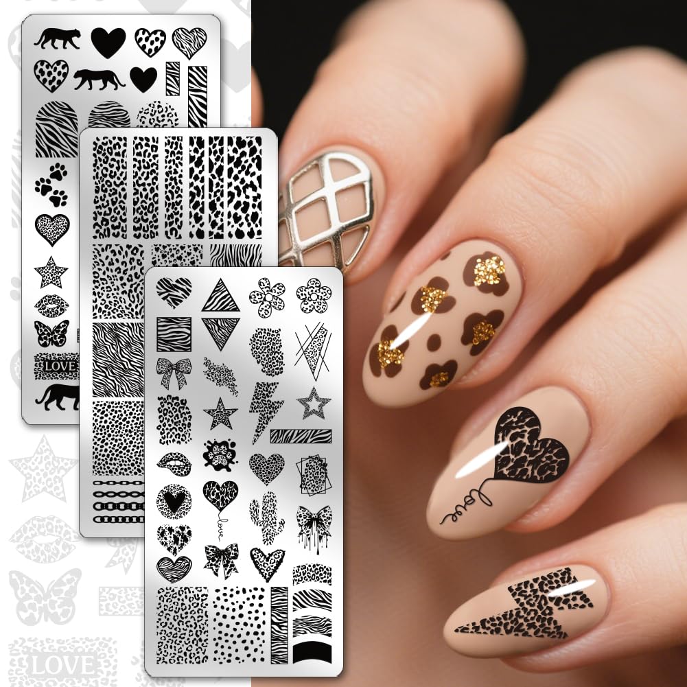 PH PandaHall 3 piastre per stampaggio unghie leopardate con stampa animalier per unghie modelli artistici linee geometriche timbro per unghie cuore stella unghie stencil arte per manicure accessori di