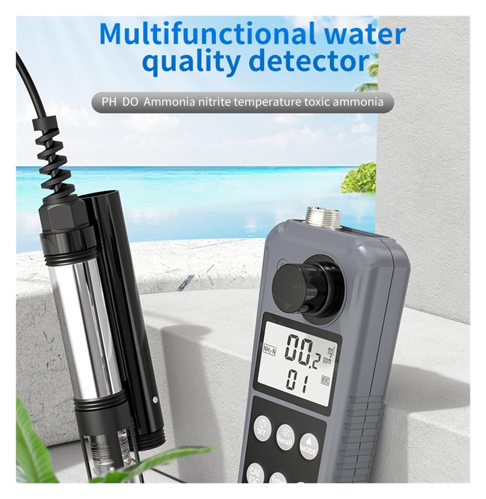 Probador Digital De Calidad Del Agua AE86061 for Piscinas/acuarios Pantalla retroiluminada | Analizador de medida de nitrógeno, nitrito, amoníaco, temperatura de laboratorio, pantalla LCD