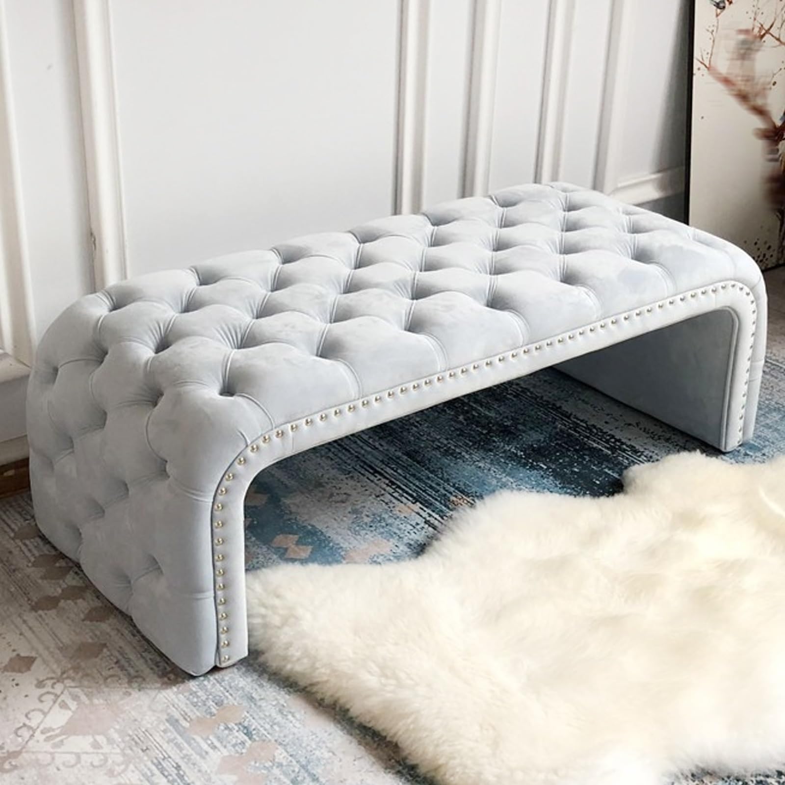 MSHGSKU Modern Fabric Shoe Bench with Upholstered Tufted Seat Stylish Footrest for Entryway Living Room Dining Room Blue 47.24in 120cm Chic Storage Solution