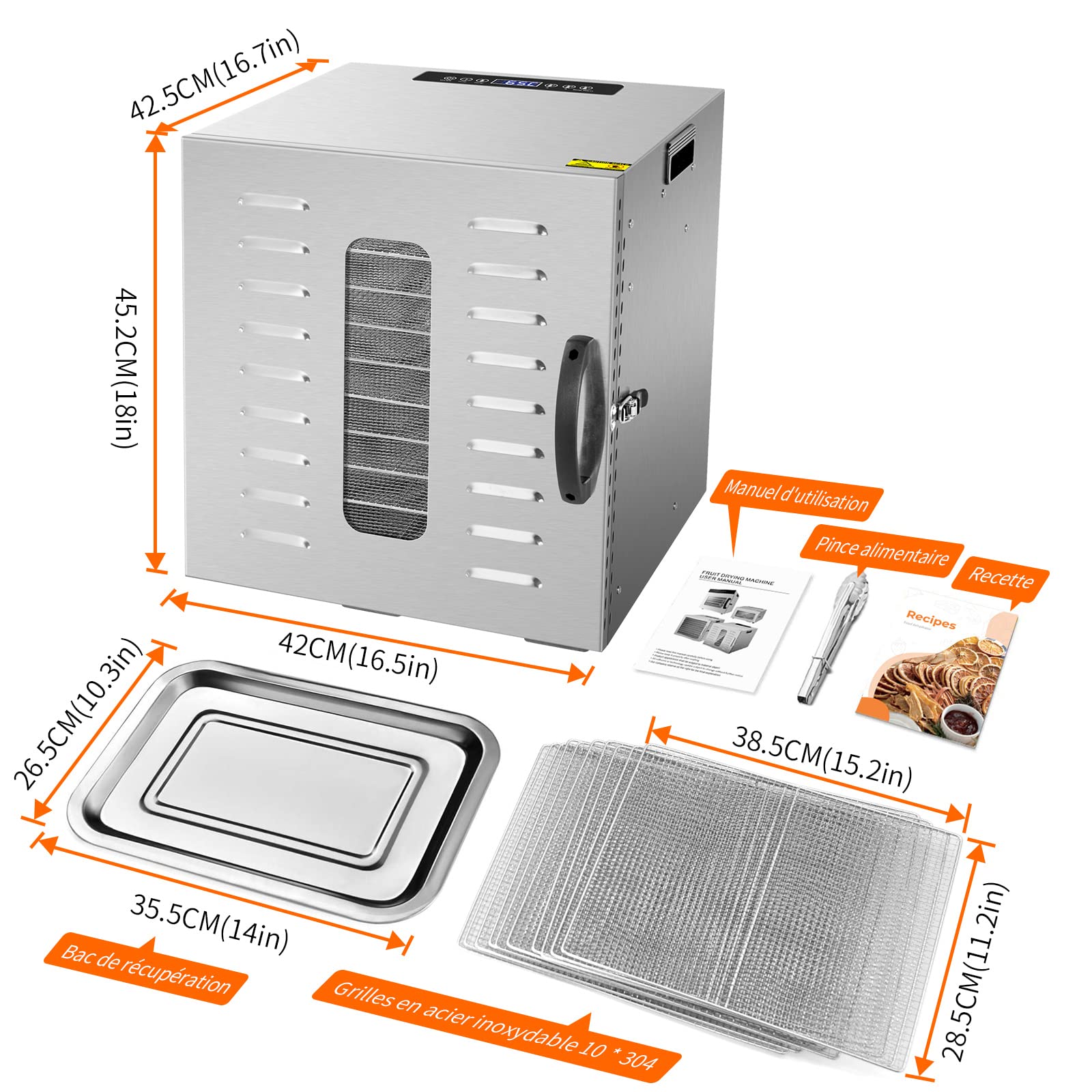 Kwasyo Déshydrateur Alimentaire, 10 Plateaux Desydratateur avec Minuteur (24H) Deshydrateur de Fruit et Legumes Température Réglable (30 à 90°C), Livre de Recettes