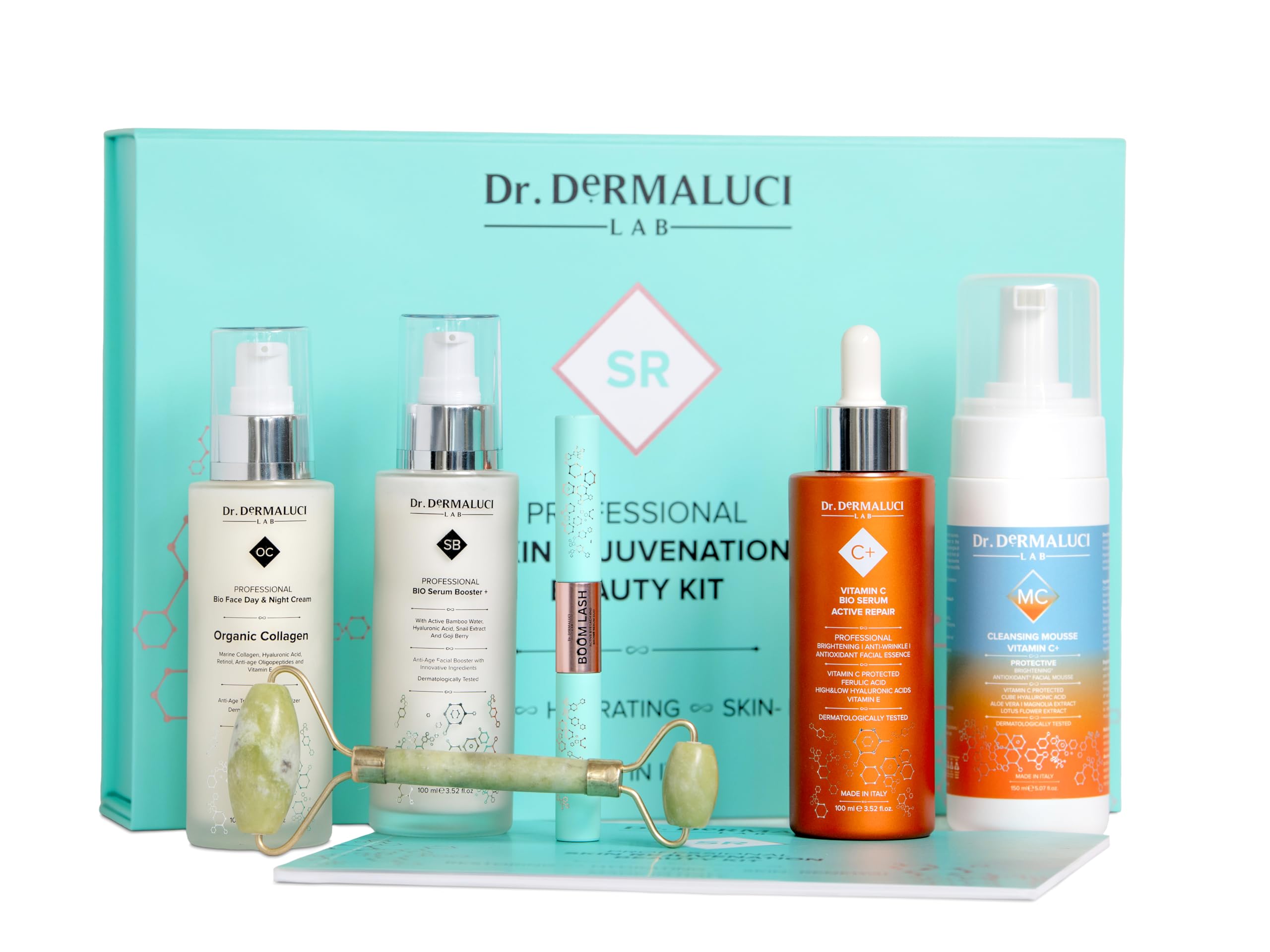 Dr. Dermaluci Lab - Cofanetto Regalo Donna/Uomo Compleanno BIO 460ml - Antirughe, Idratante - Mousse + Siero Vitamina C + Booster + Crema Collagene + Rullo Giada + Siero Ciglia - Made in Italy
